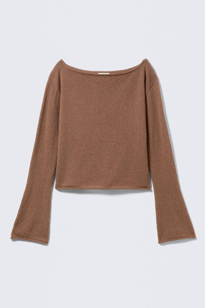 A brown, textured knit top is showcased FRONT, featuring a wide boat neckline, long flared bell sleeves, and a straight, cropped hem. - 1