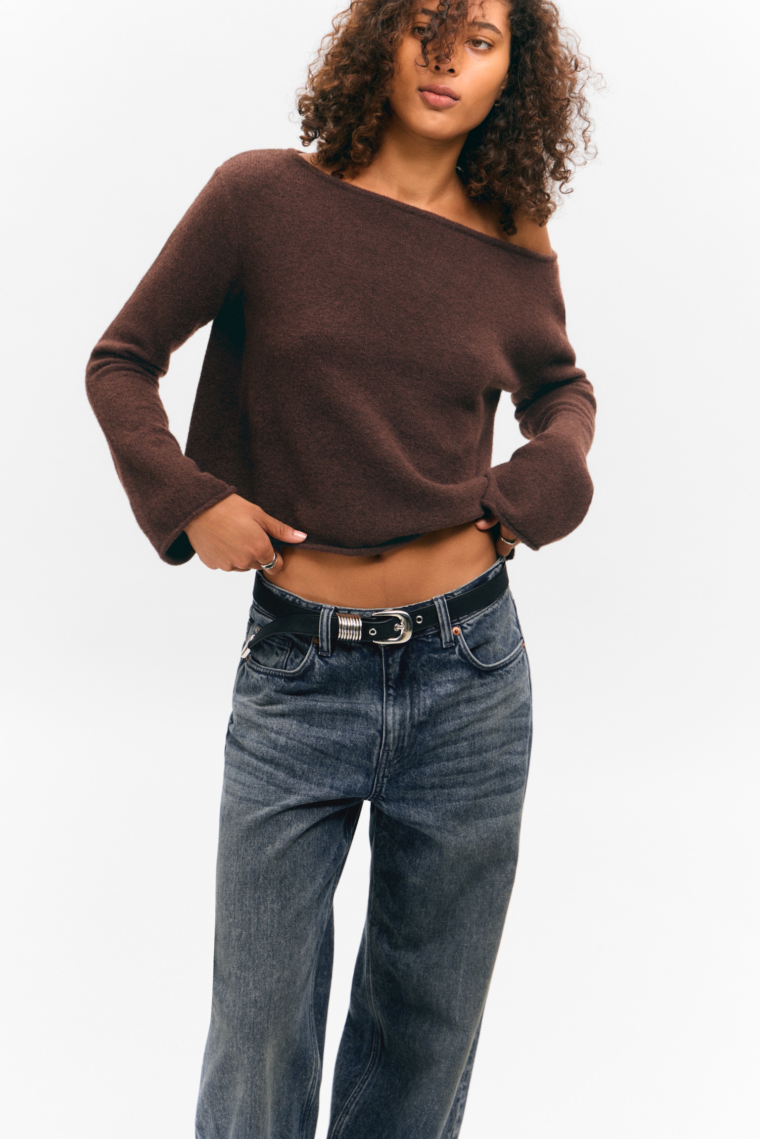 Soft Knit Boat-Neck Sweater - Dark Brown/Light White/Dusty Blue - 3