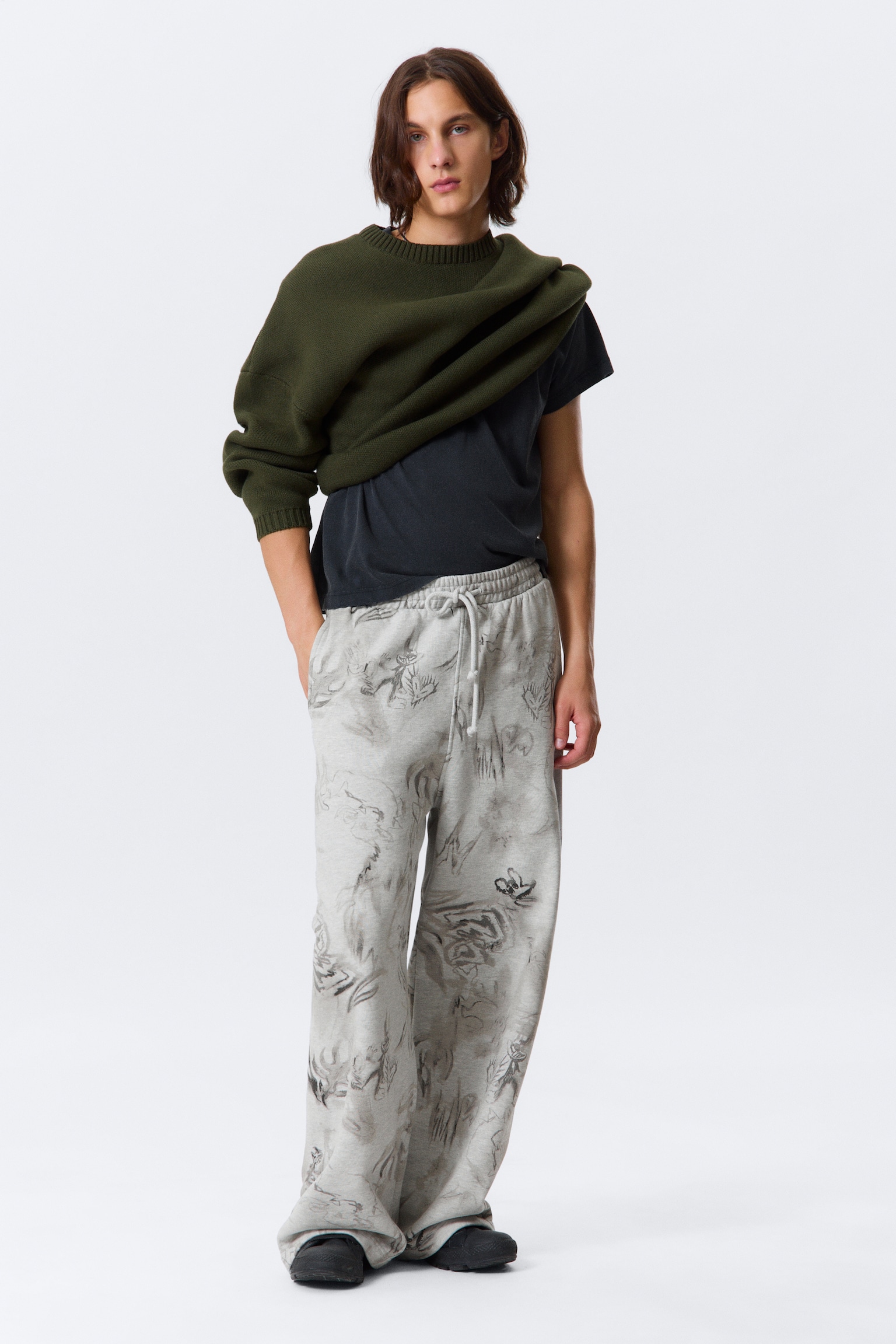 Loose Fit Cotton Sweatpants - Grey Melange - Scribble Print