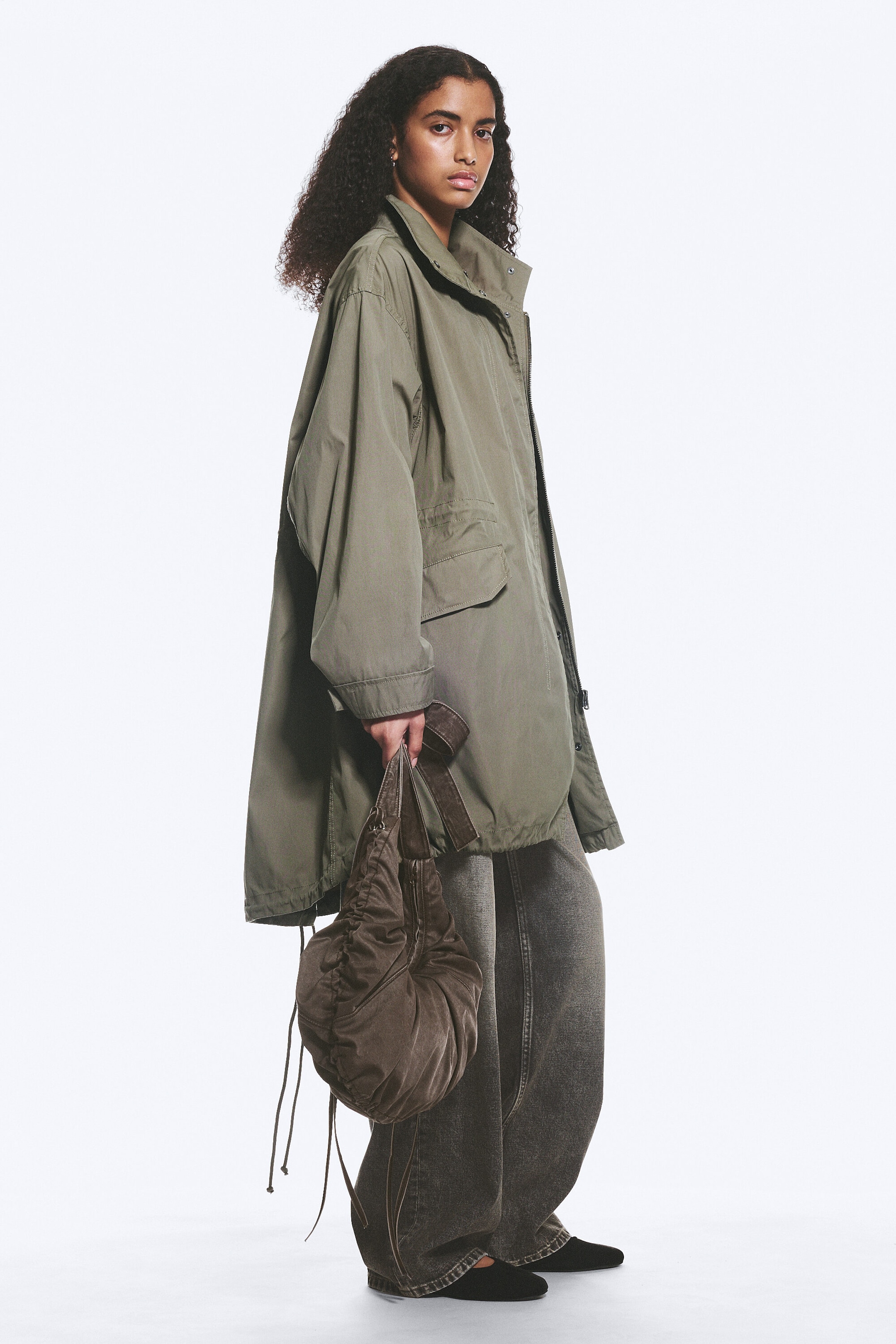 Khaki Green - Oversized Funnel-Neck Canvas Parka - 2
