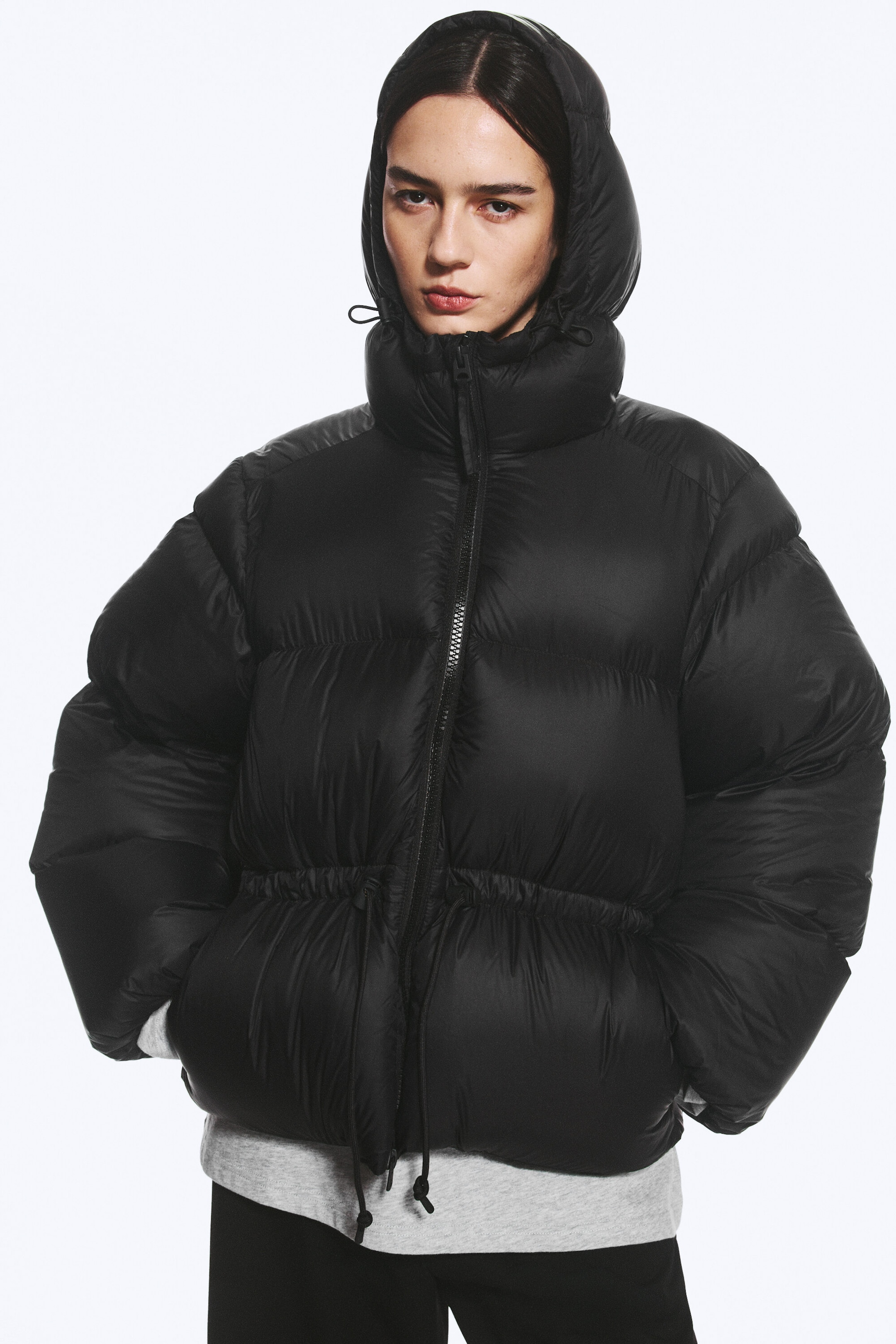Black - Oversized Hooded Recycled Down Puffer Jacket - 1