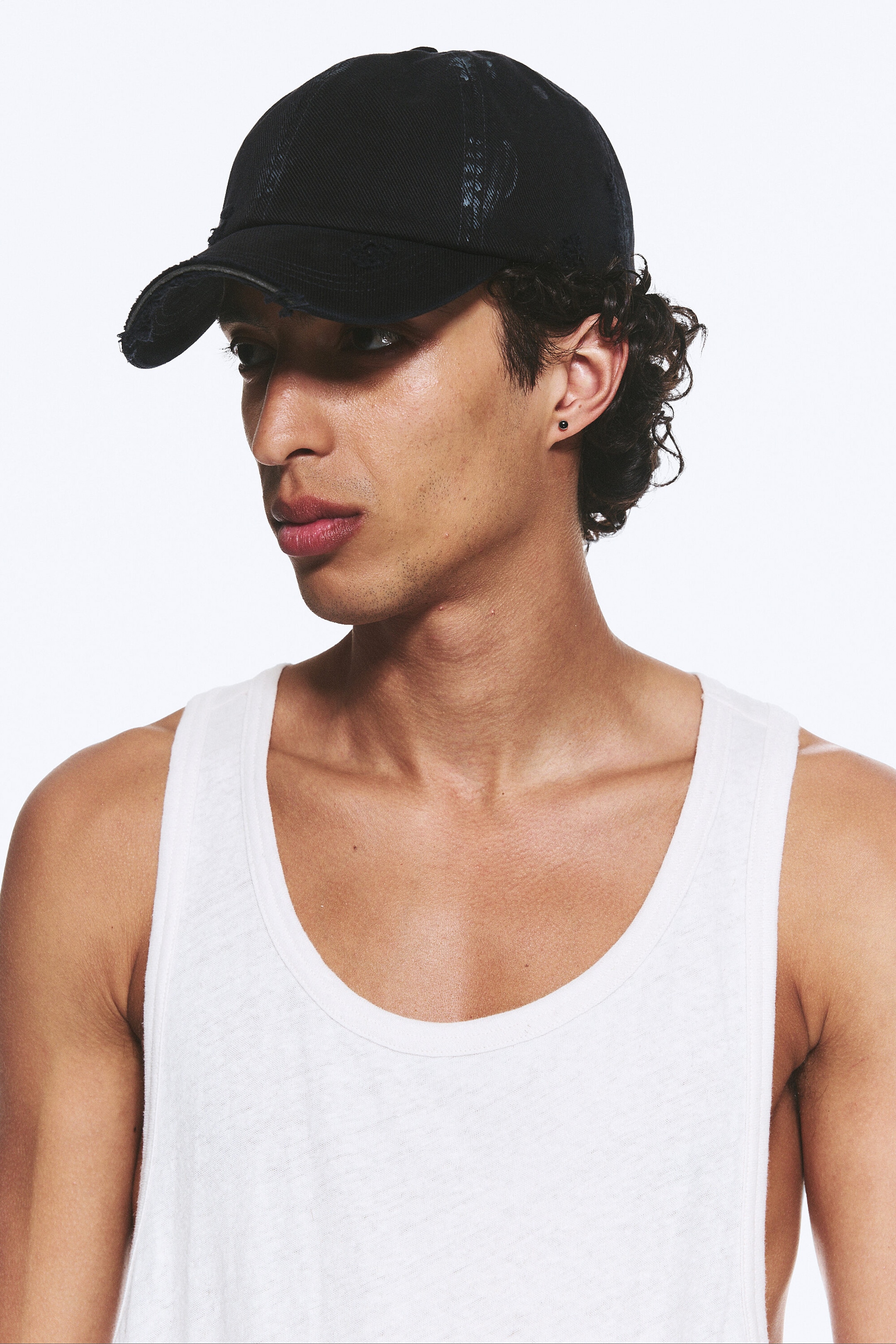 Cropped Black - Distressed Cotton Canvas Baseball Cap - 2