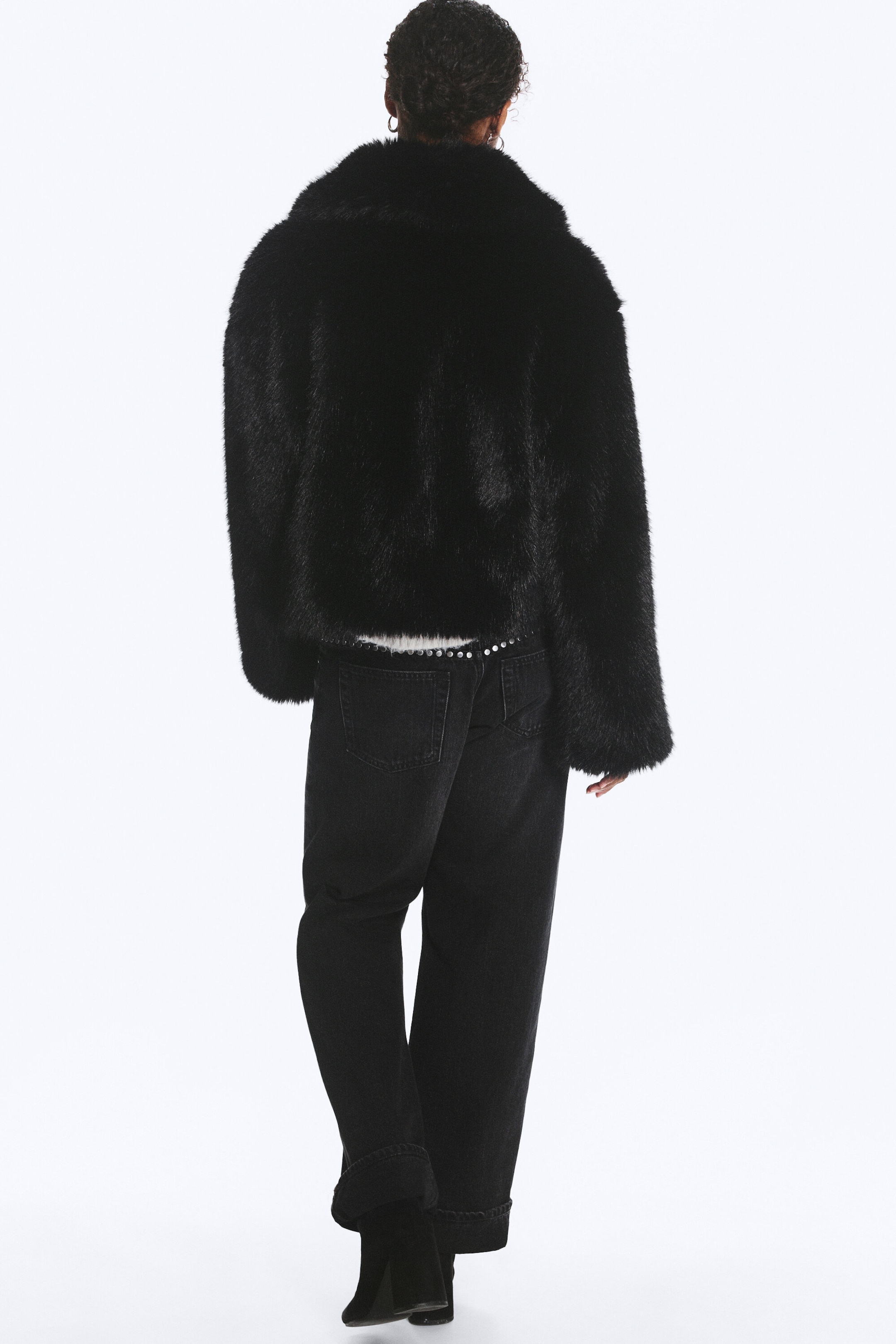 Black - Faux Fur Zip Jacket - 3