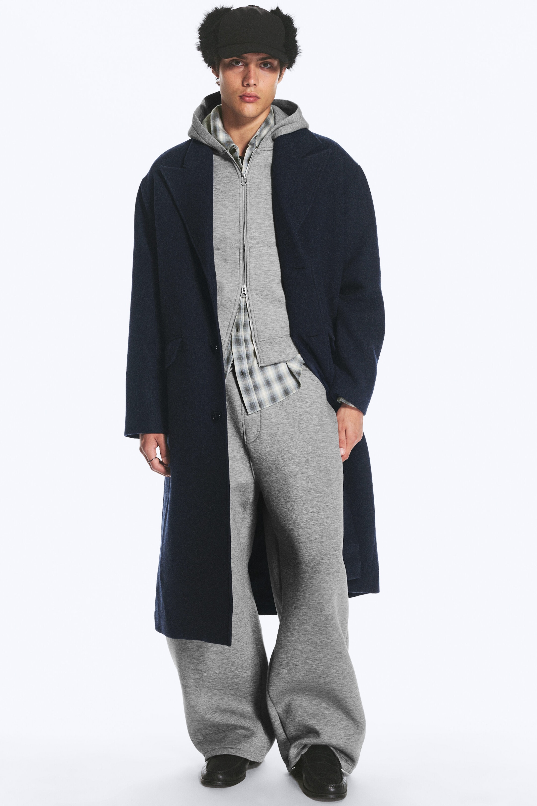 Dark Blue Melange - Oversized Single-Breasted Wool Blend Coat - 1