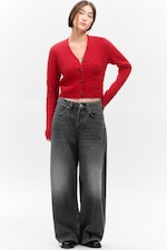 Leuchtendes Rot - Rippstrick-Cardigan mit V-Ausschnitt - 1