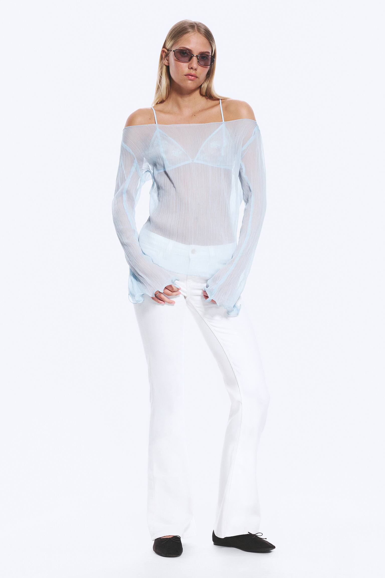 Bluzka z rozszerzanym rękawem - Jasny zakurzony błękit/Biały - 5