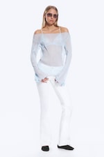 Light Dusty Blue - Sheer Boat-Neck Flared Sleeve Blouse - 1