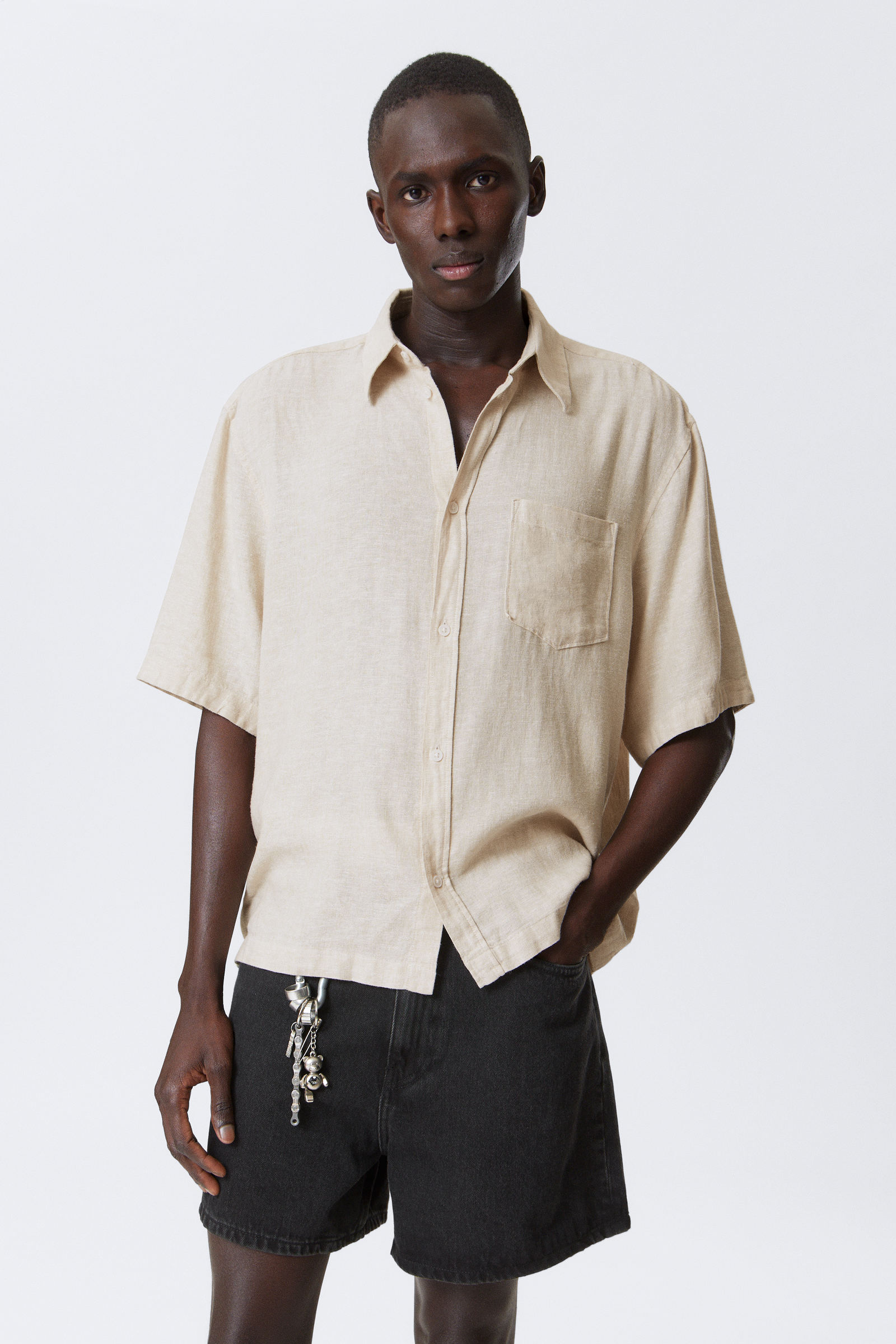 textured short-sleeved resort shirt - Khaki Green & White
