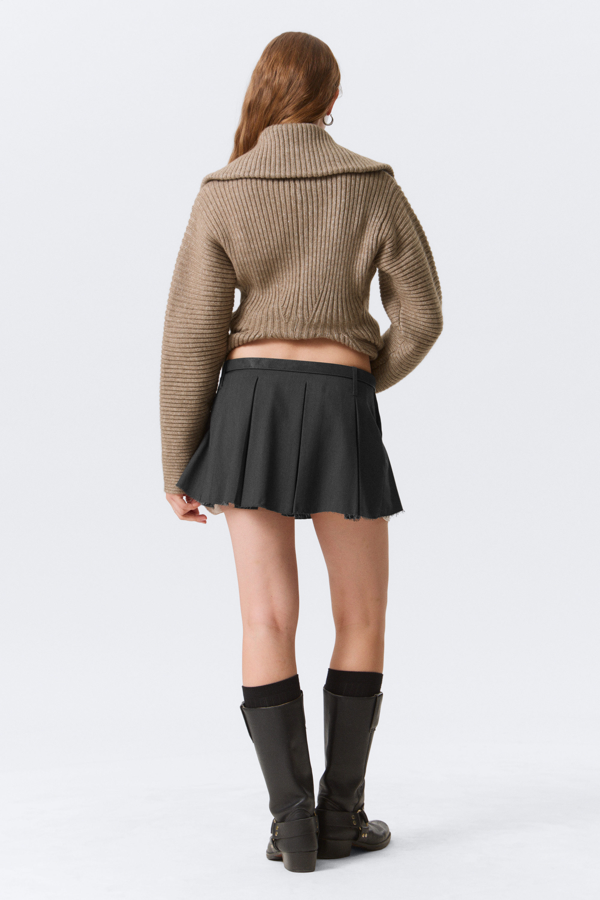 Dark Grey Melange - Pleated Mini Suiting Skirt - 5