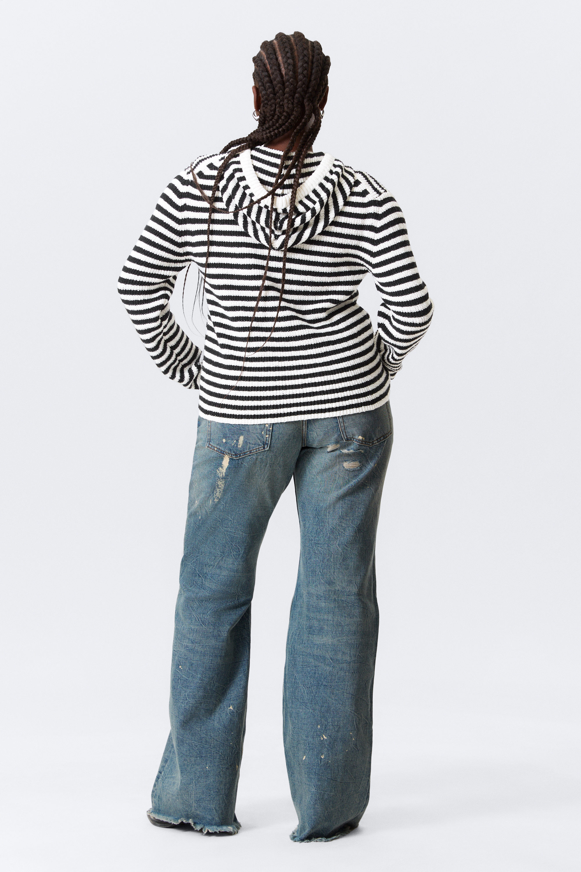 Black & White Stripes - Striped Knitted Slim Fit Zip Hoodie - 3