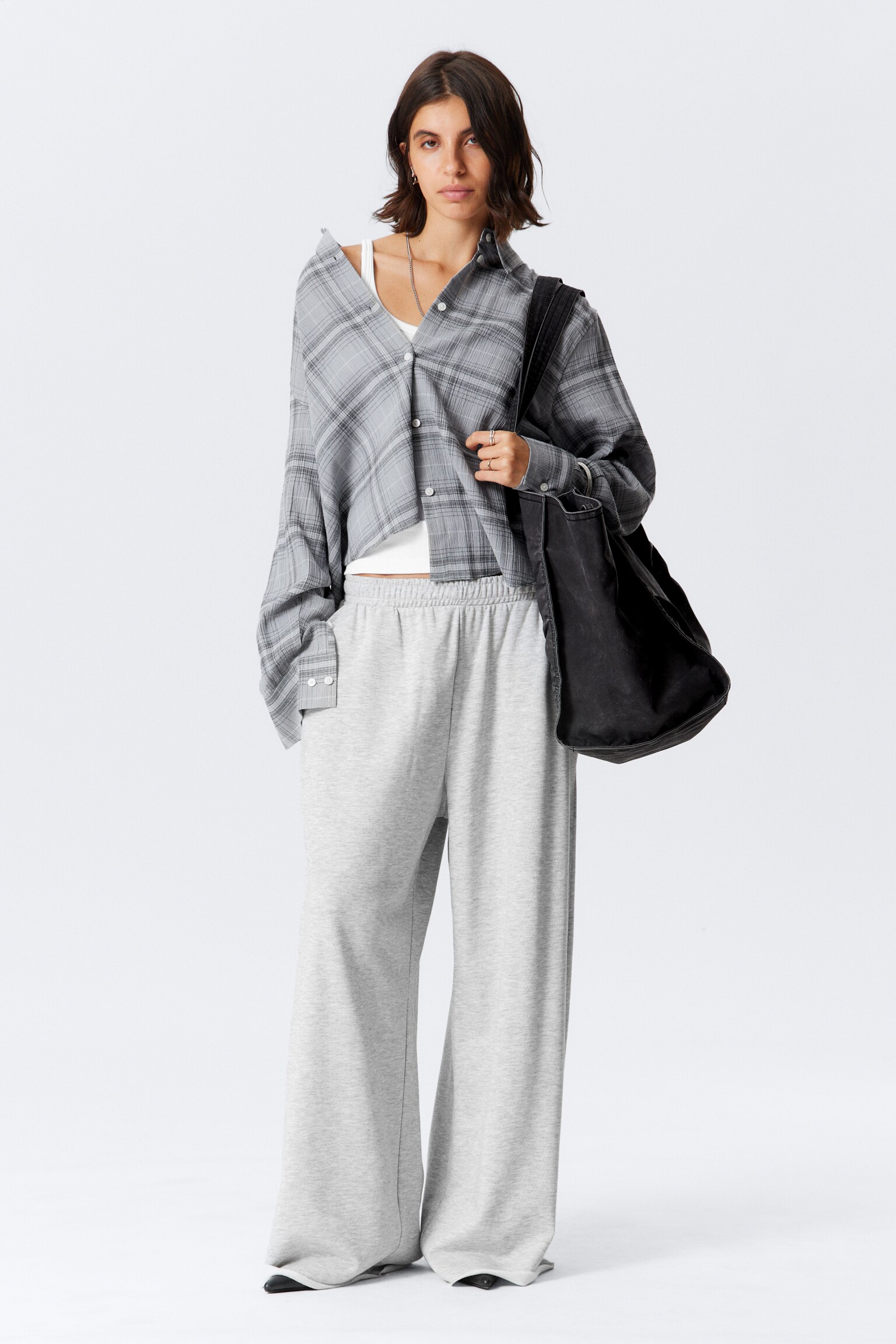 Croppad button-up bomullsskjorta - Dimblå rutig - 3