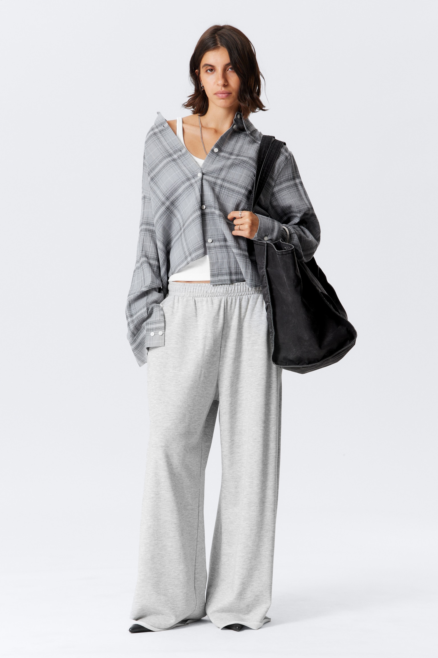 Cropped Button-Up Cotton Shirt - Dusty Blue Check - 4