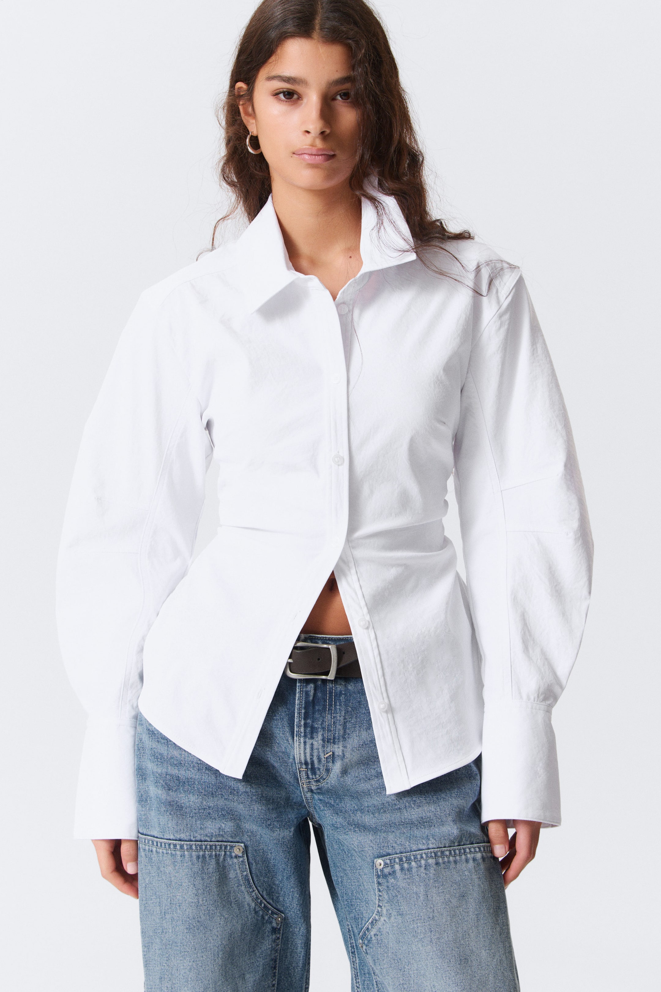 White - Fitted Ruched Waist Shirt - 1