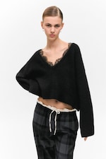 Zwart - Trui met kant en V-hals - 0