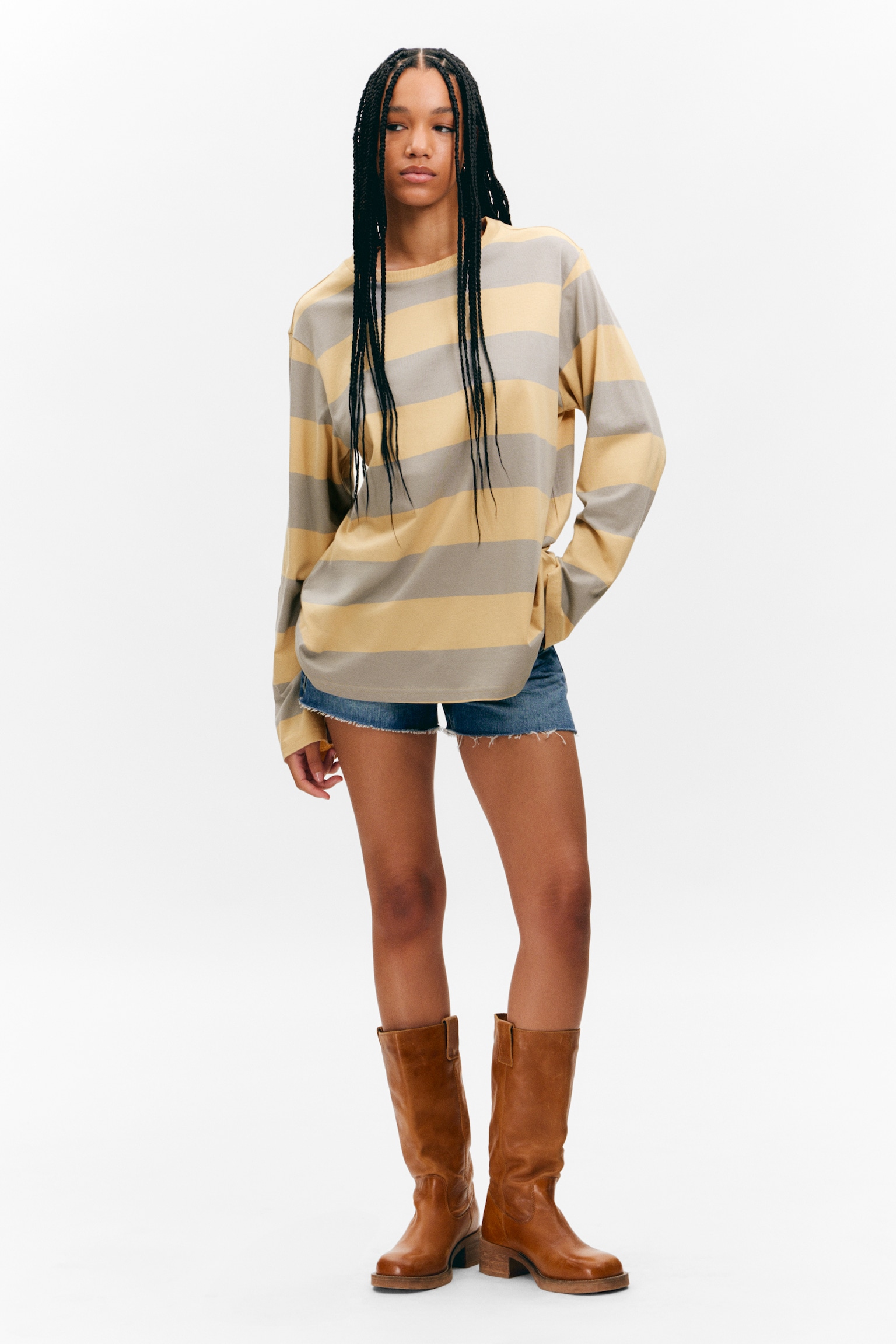 Striped Long-Sleeved Mini Dress - Beige & Grey Stripes - 5