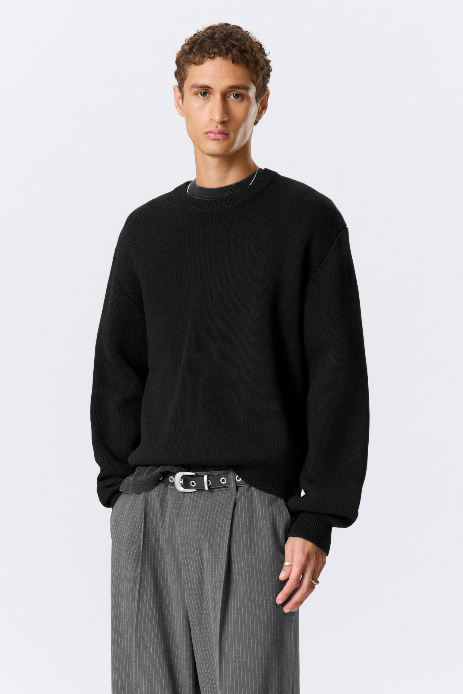 Regular Knitted Cotton Sweater - Black/Dirty White