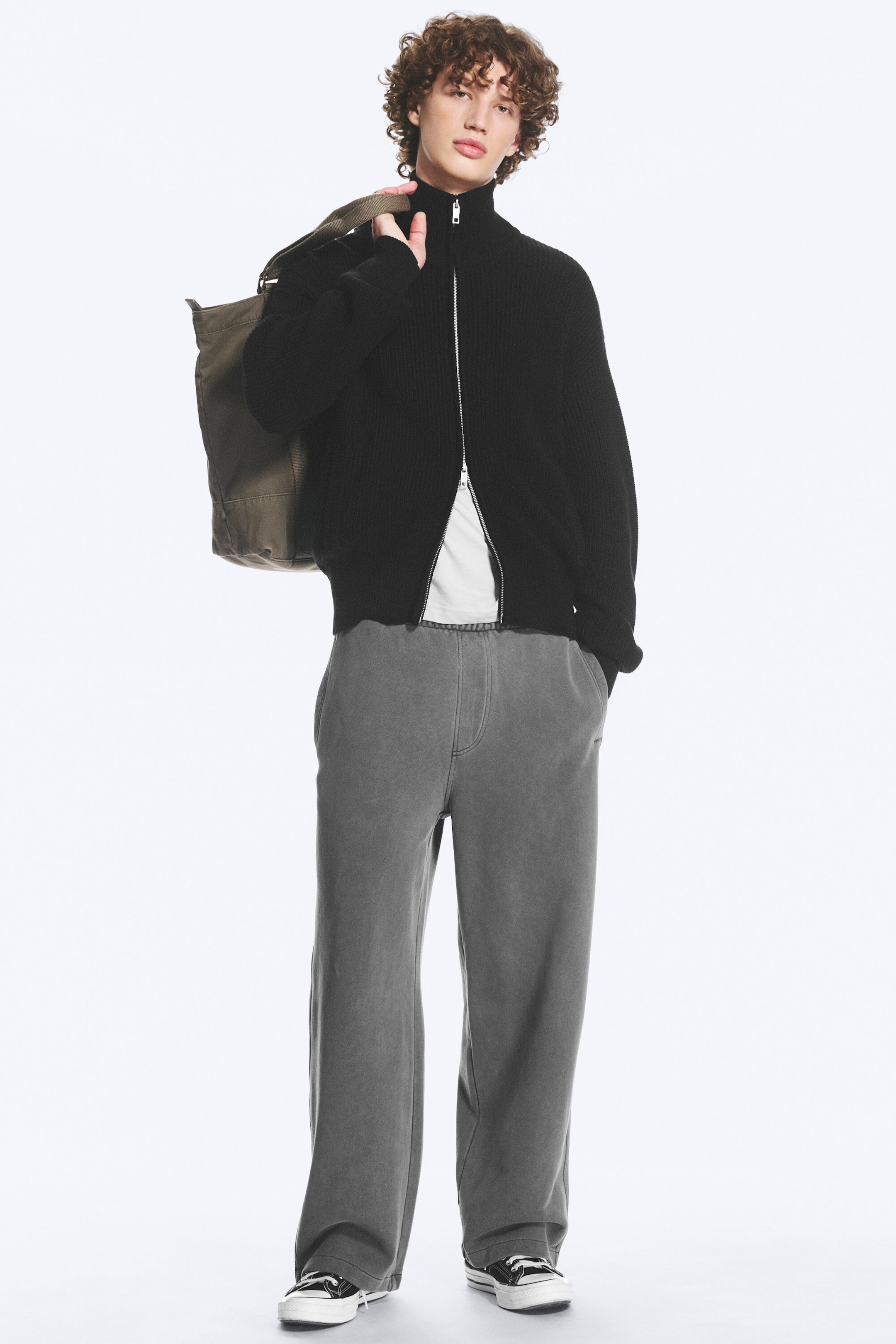 Black - Relaxed High-Neck Zip Knit Cardigan - 2