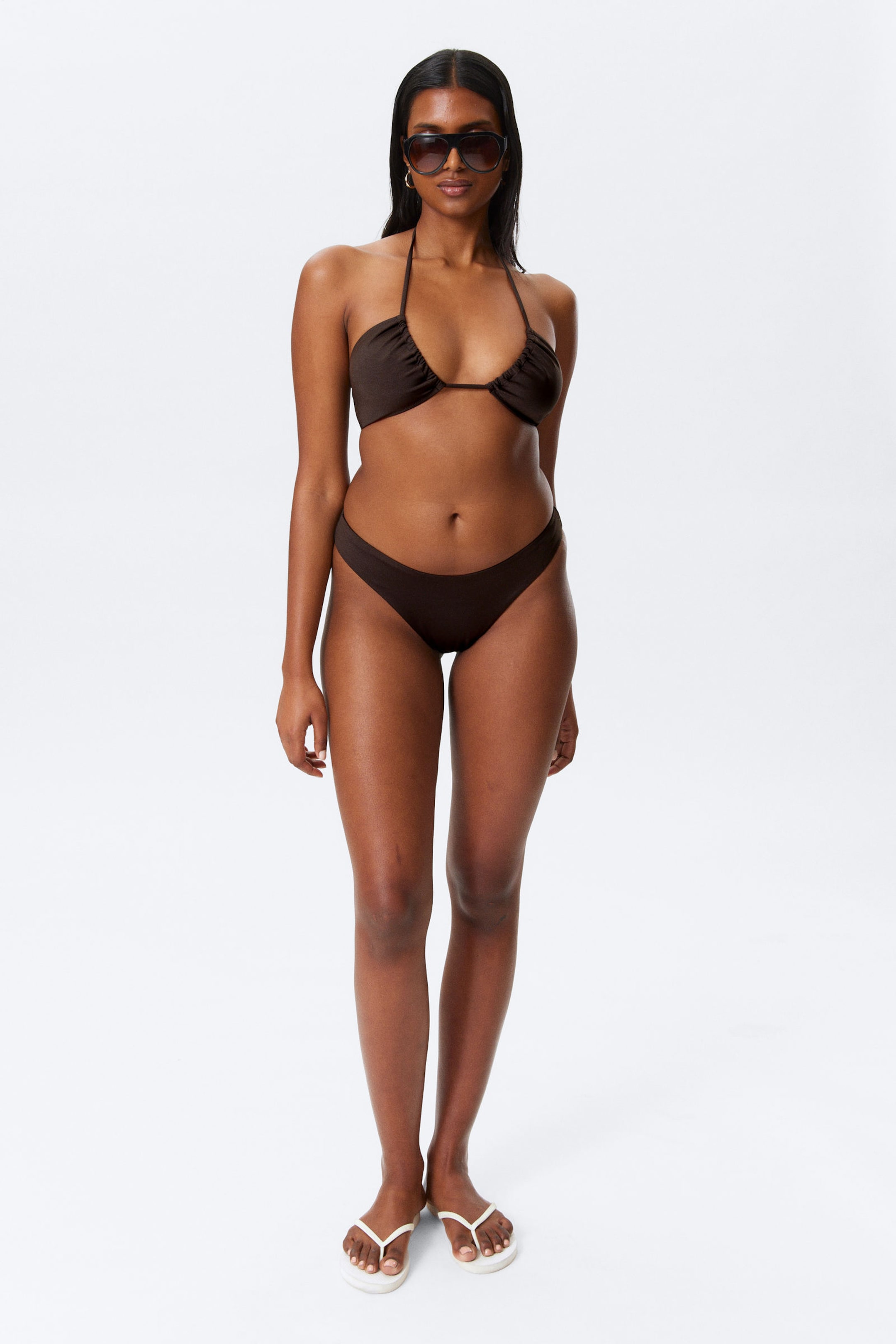 Dark Brown - Ruched Halter Bandeau Bikini Top - 2