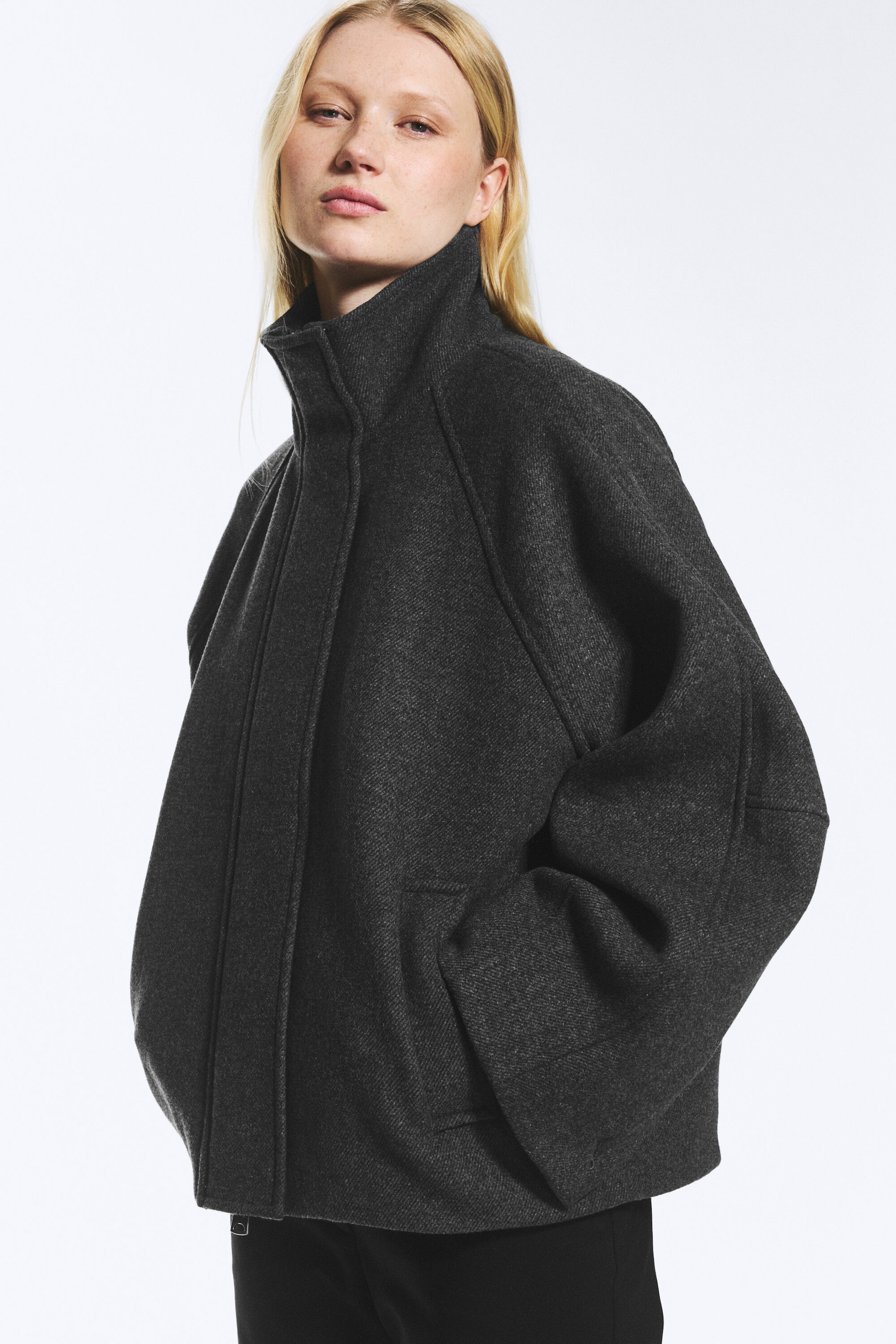 Dark Grey Melange - Wool-blend funnel jacket - 1
