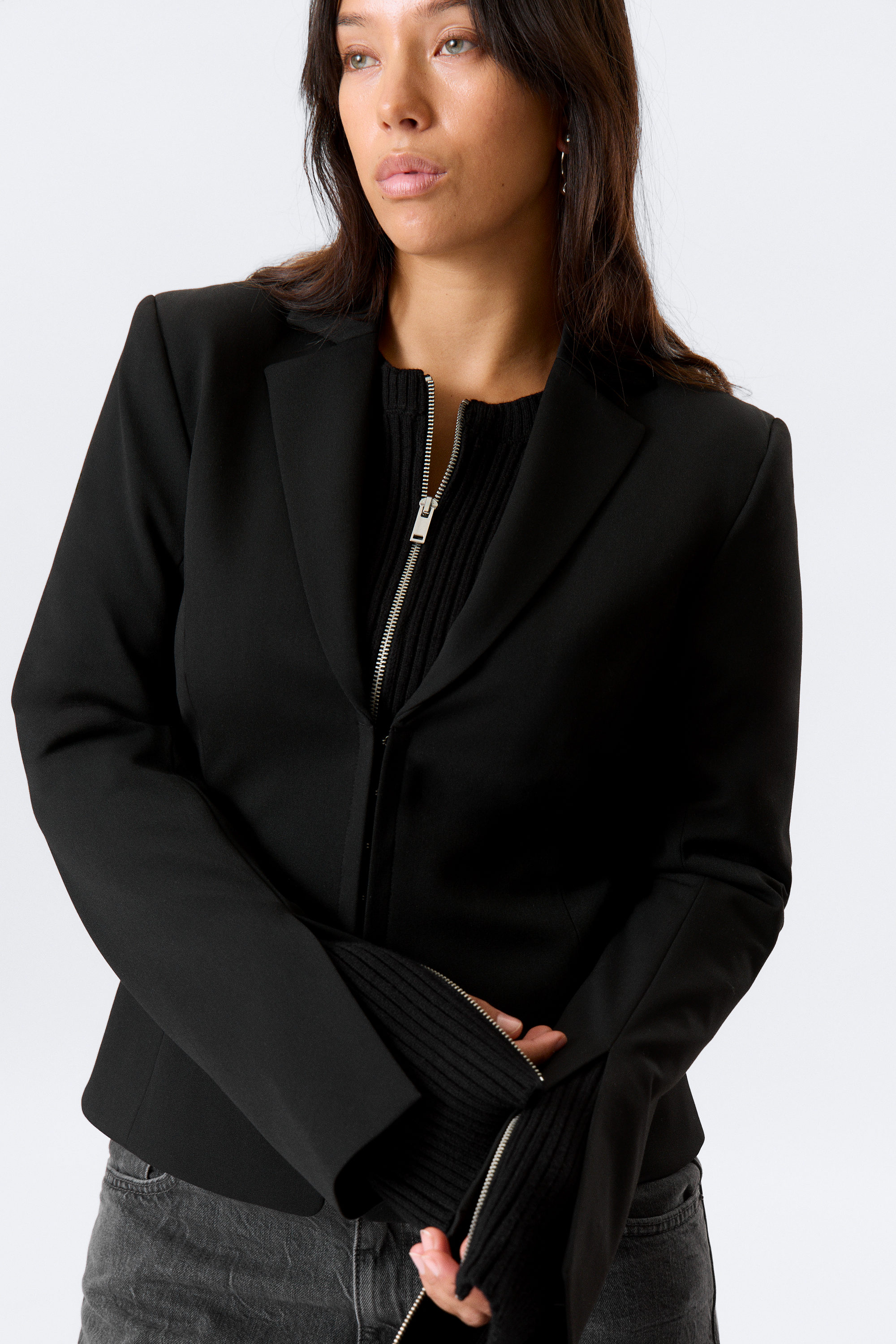 Black - Fitted Blazer with Vented Sleeves - 2