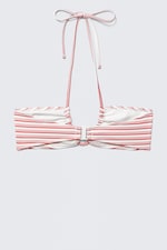 Red Multi Stripe - Printed Ruched Halter Bandeau Bikini Top - 1