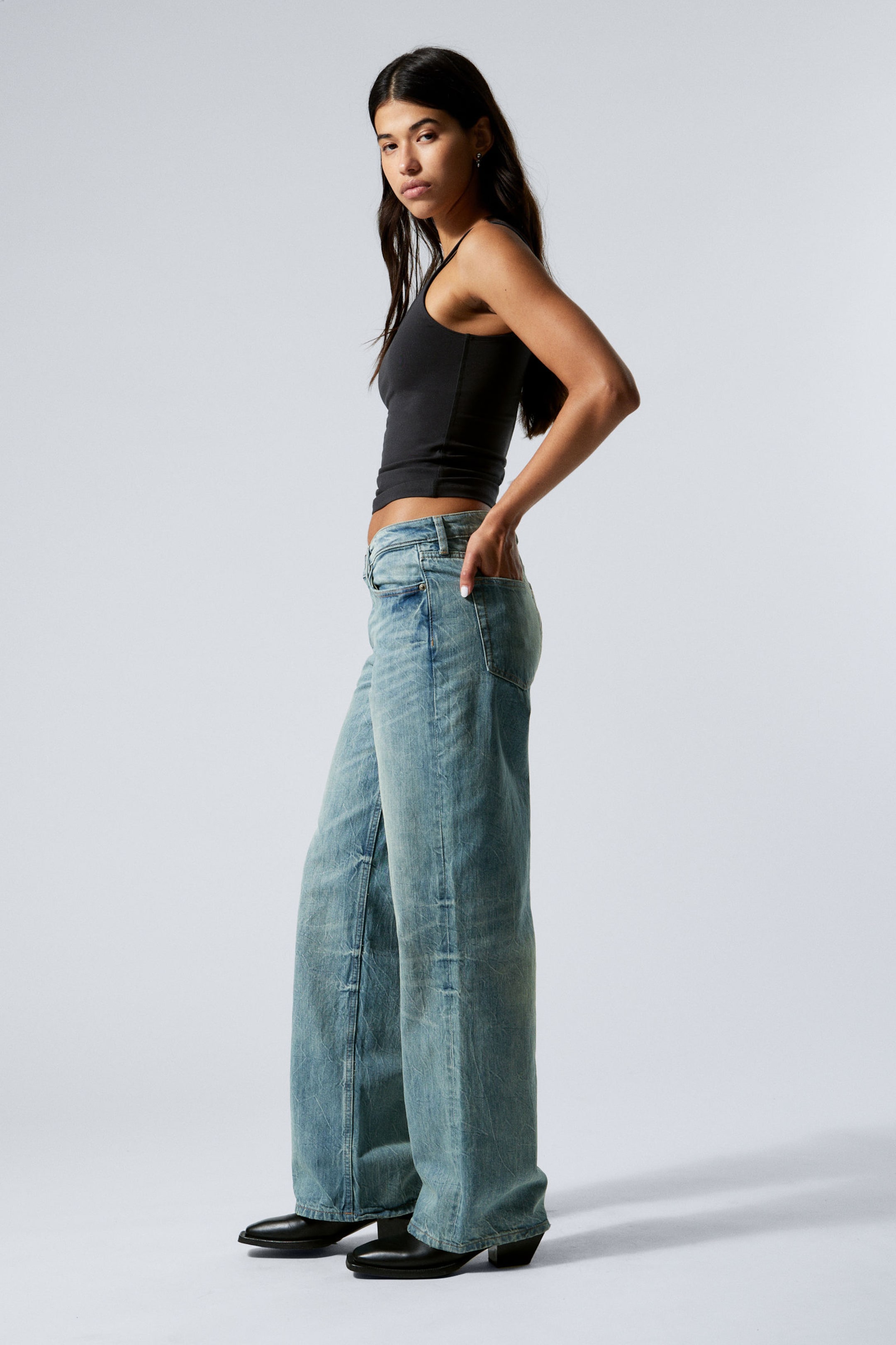Cyan Dust - Medium Blue - Ample Low Rise Loose Wide Leg Jeans - 2