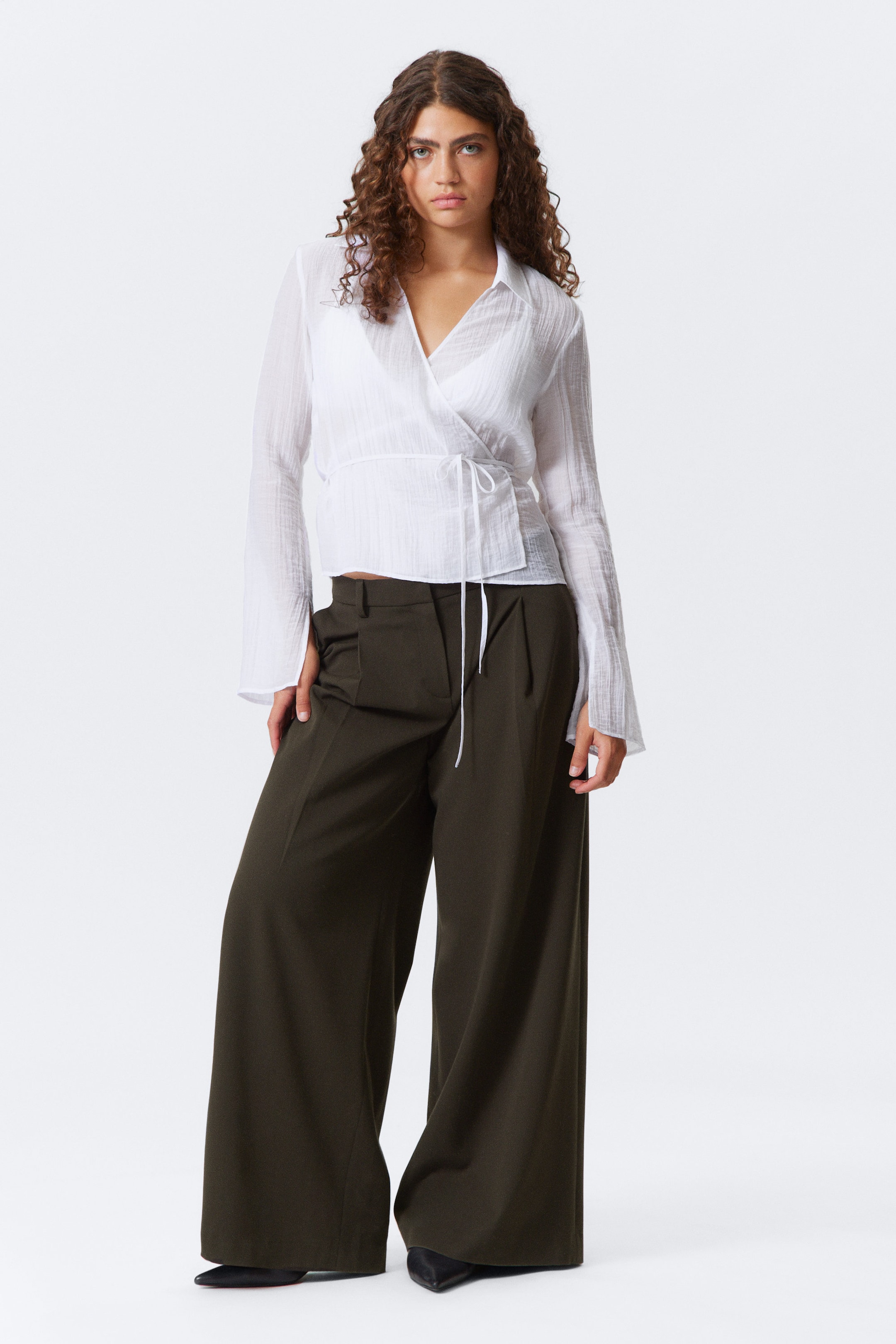 Transparent White - Textured Long-Sleeved Wrap Shirt - 2