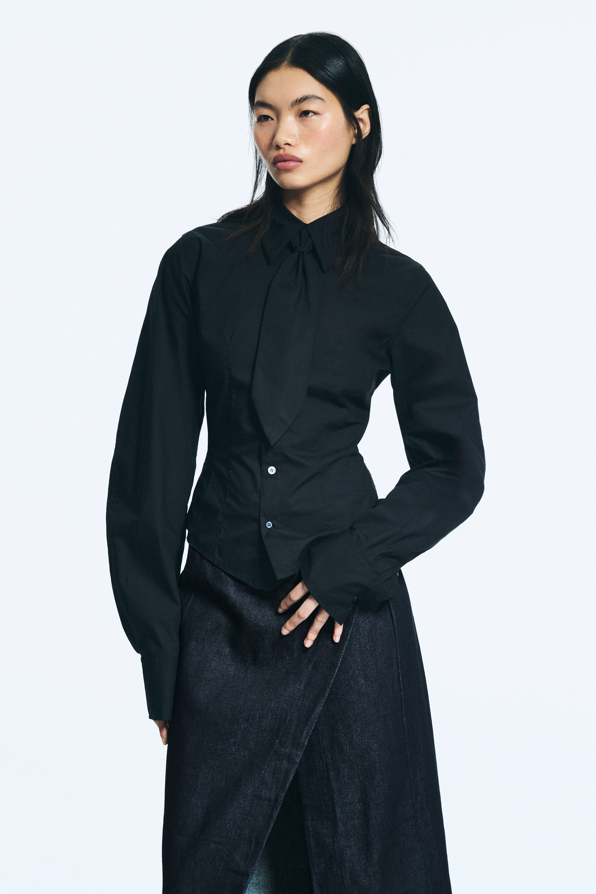 Black - Fitted Tie Detail Poplin Shirt - 1