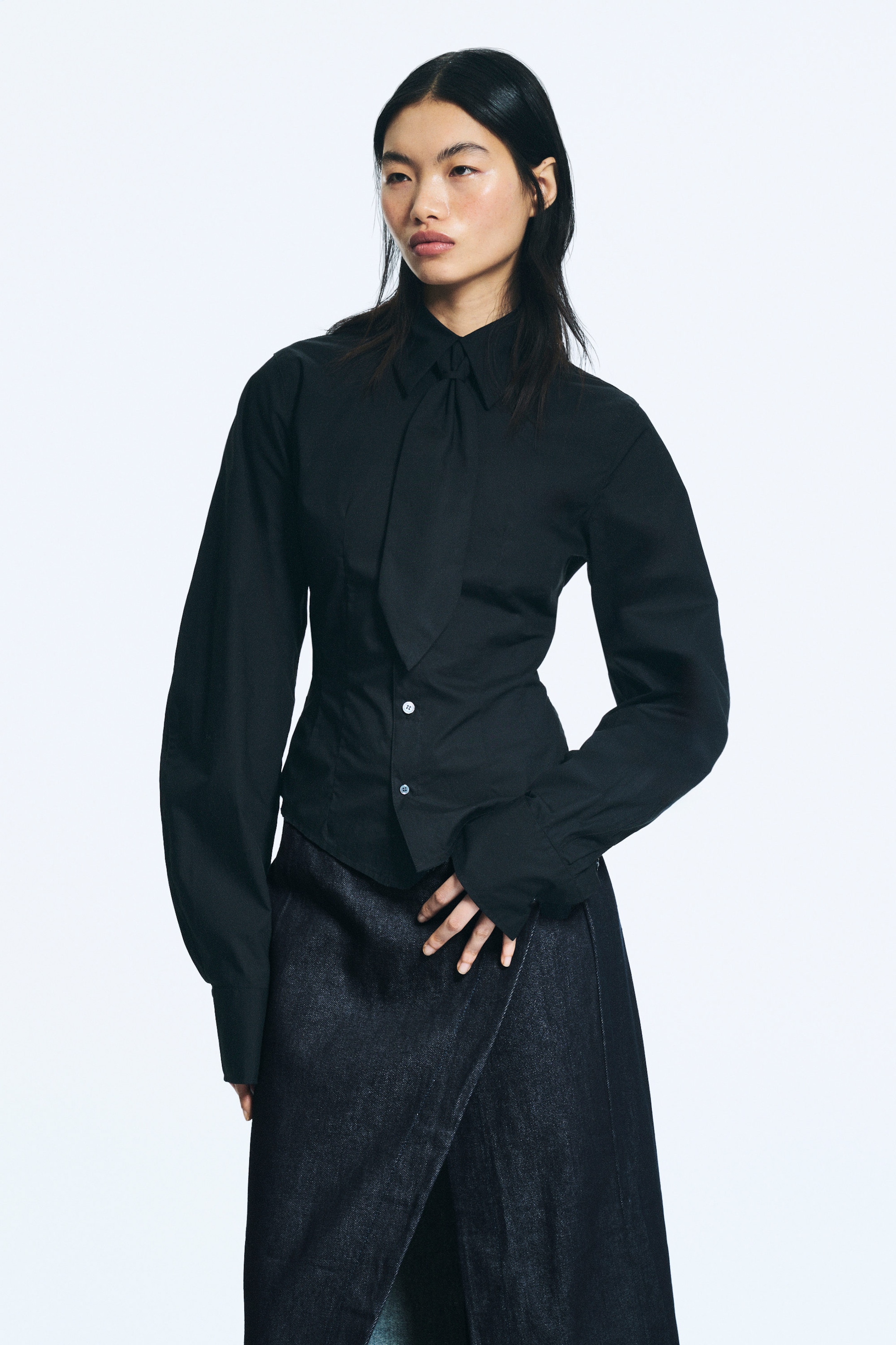 Black - Fitted Tie Detail Poplin Shirt - 1