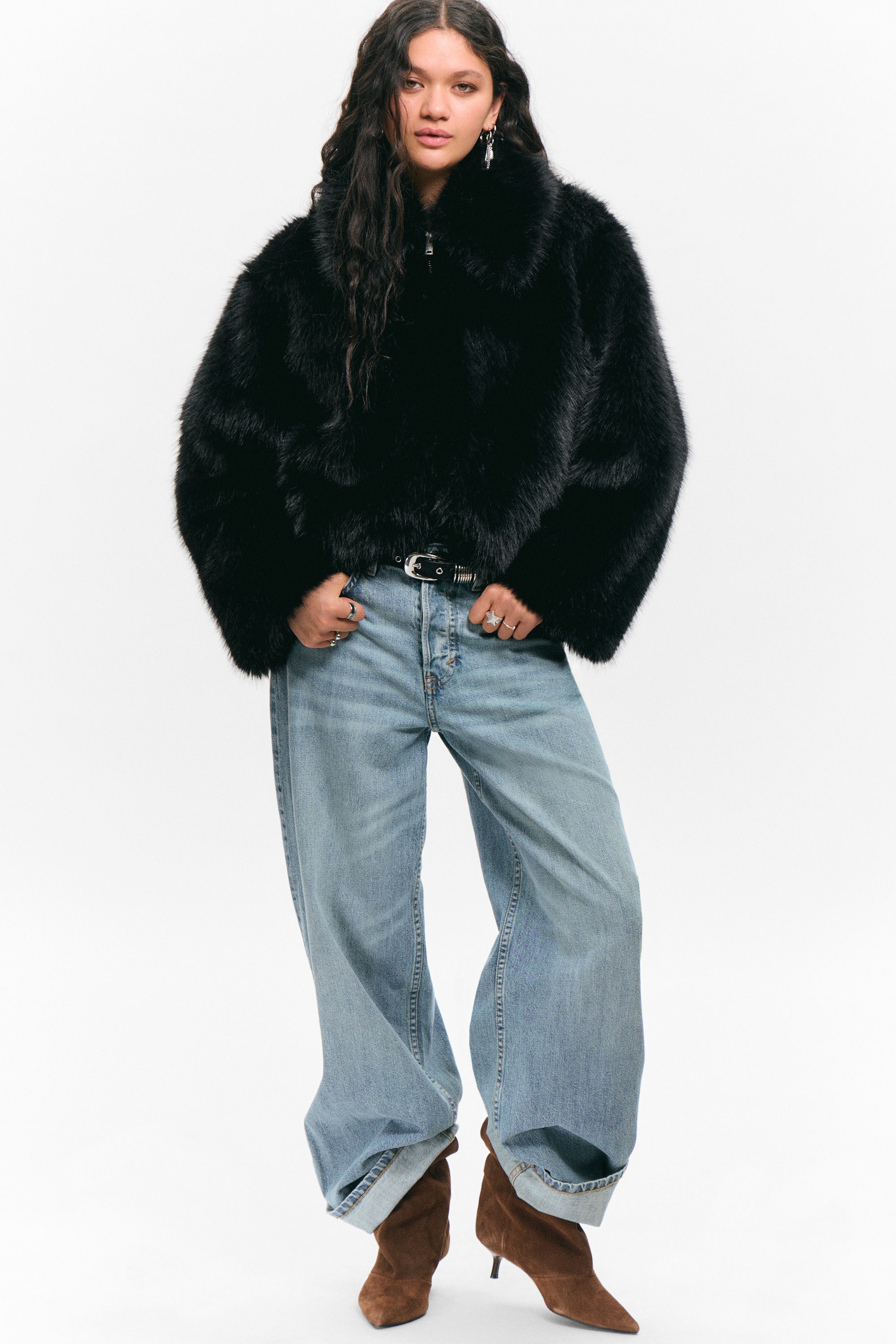 Black - Faux Fur Zip Jacket - 1