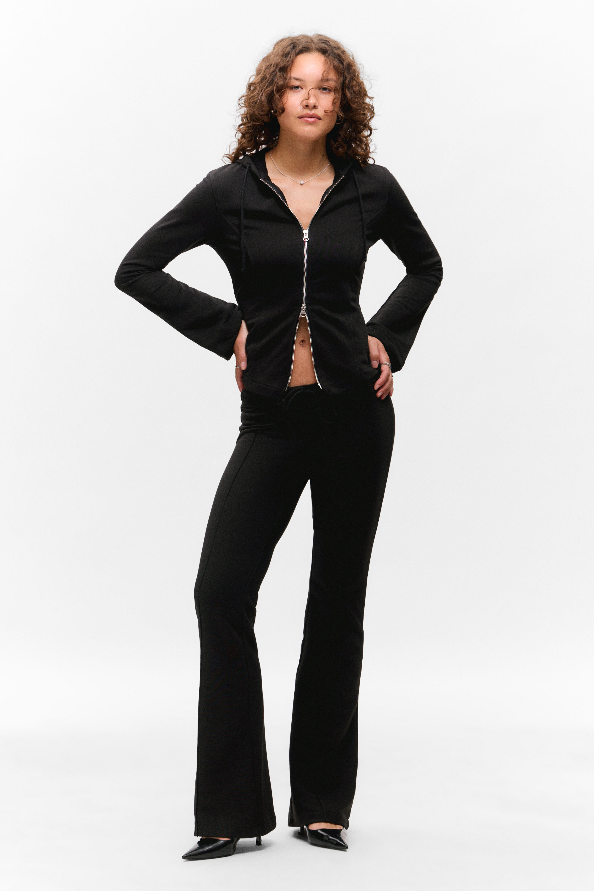 Black - Mid Rise Pintuck Flared Sweatpants - 1