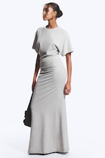 Light Dusty Grey Melange - Gathered Short-Sleeved Maxi Dress - 2