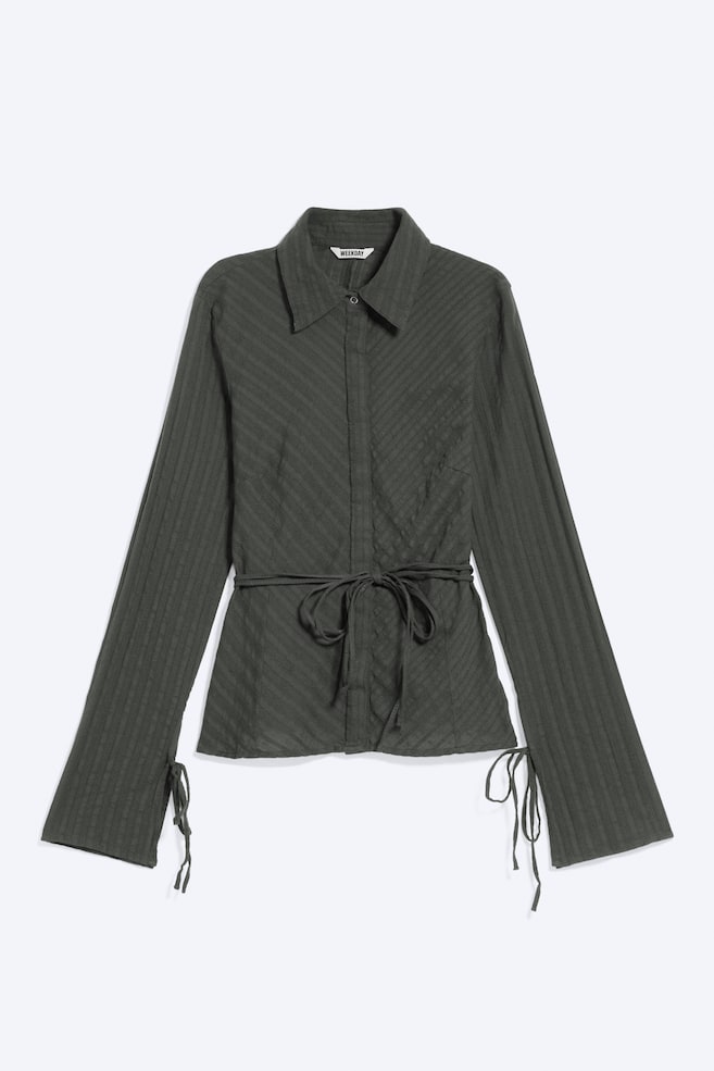 Camicia in cotone con dettaglio annodato - Grigio a righe/Viola scuro a righe/Bianco a righe - 1