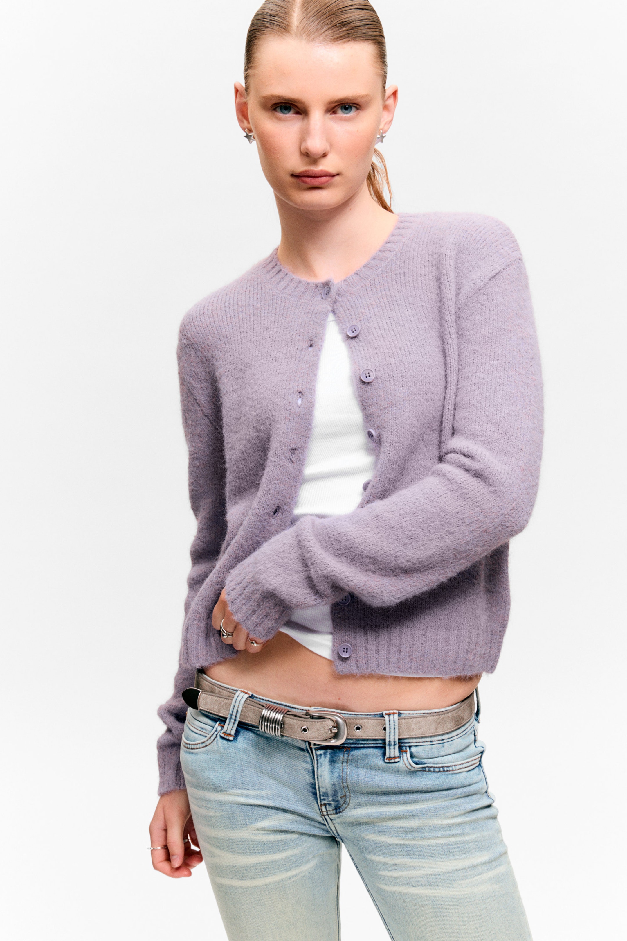 Lila - Borstad stickad cardigan med knappar - 2