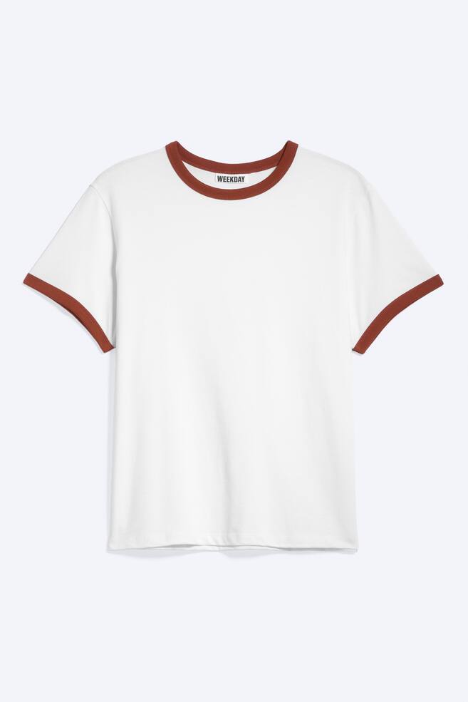 Short-Sleeved Contrast Trim Cotton T-shirt - White/Rust/White - Green Binding/White - Red Binding/White - Blue Binding/Dark Blue - Light Blue Binding - 1