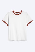 Weiß/Rostrot - Kurzärmliges Baumwoll-T-Shirt mit Kontrastbesatz - 0