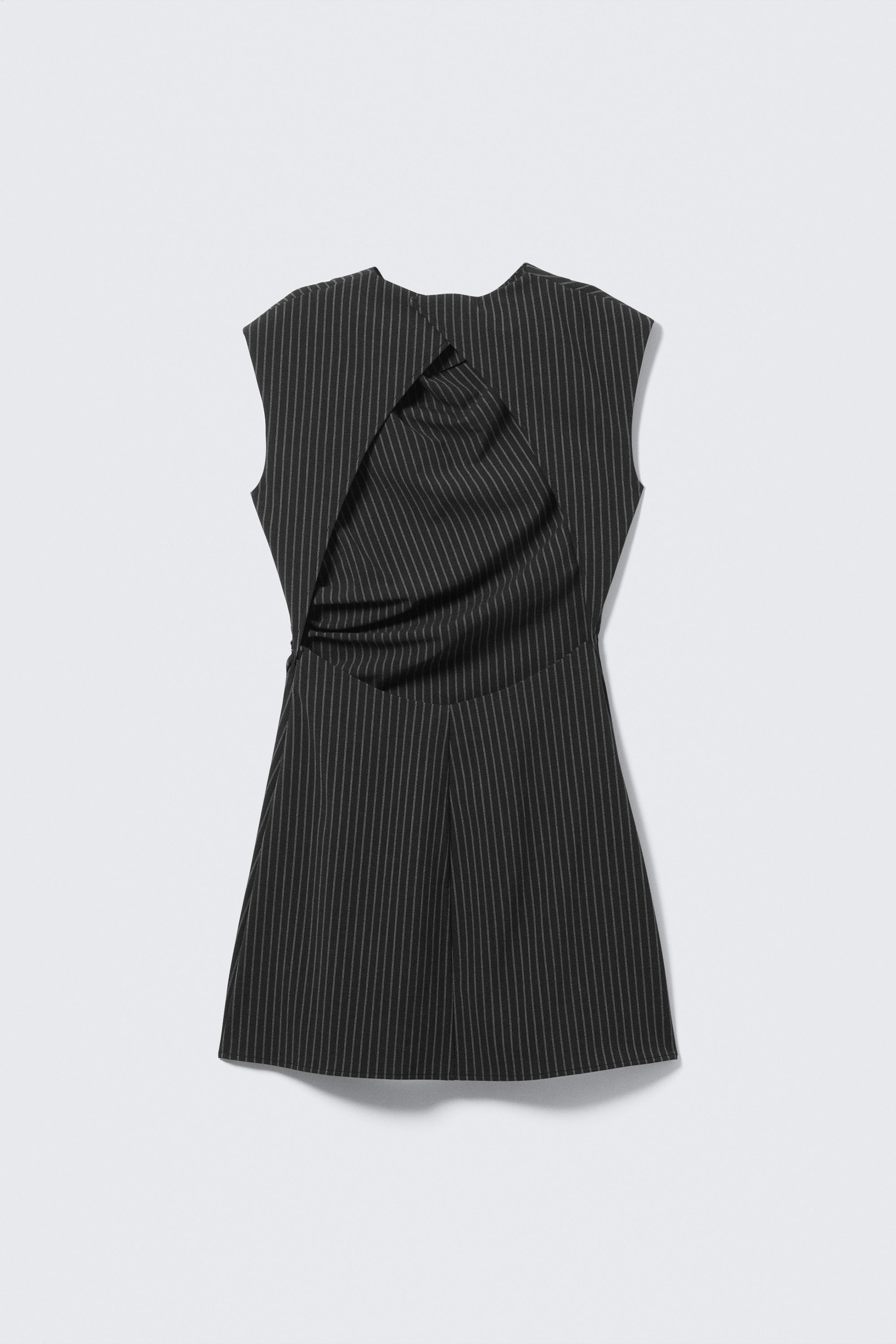 Noir rayé - Robe de tailleur courte drapée à manches courtes - 4