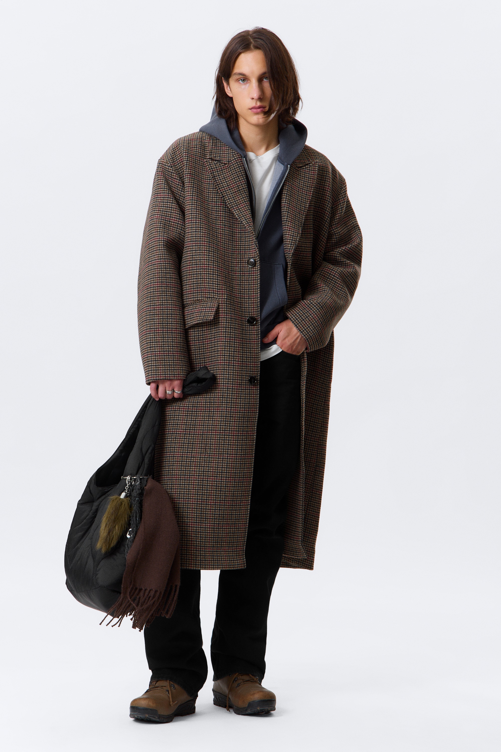 Oversized Single-Breasted Wool Blend Coat - Beige Multi Check/Black