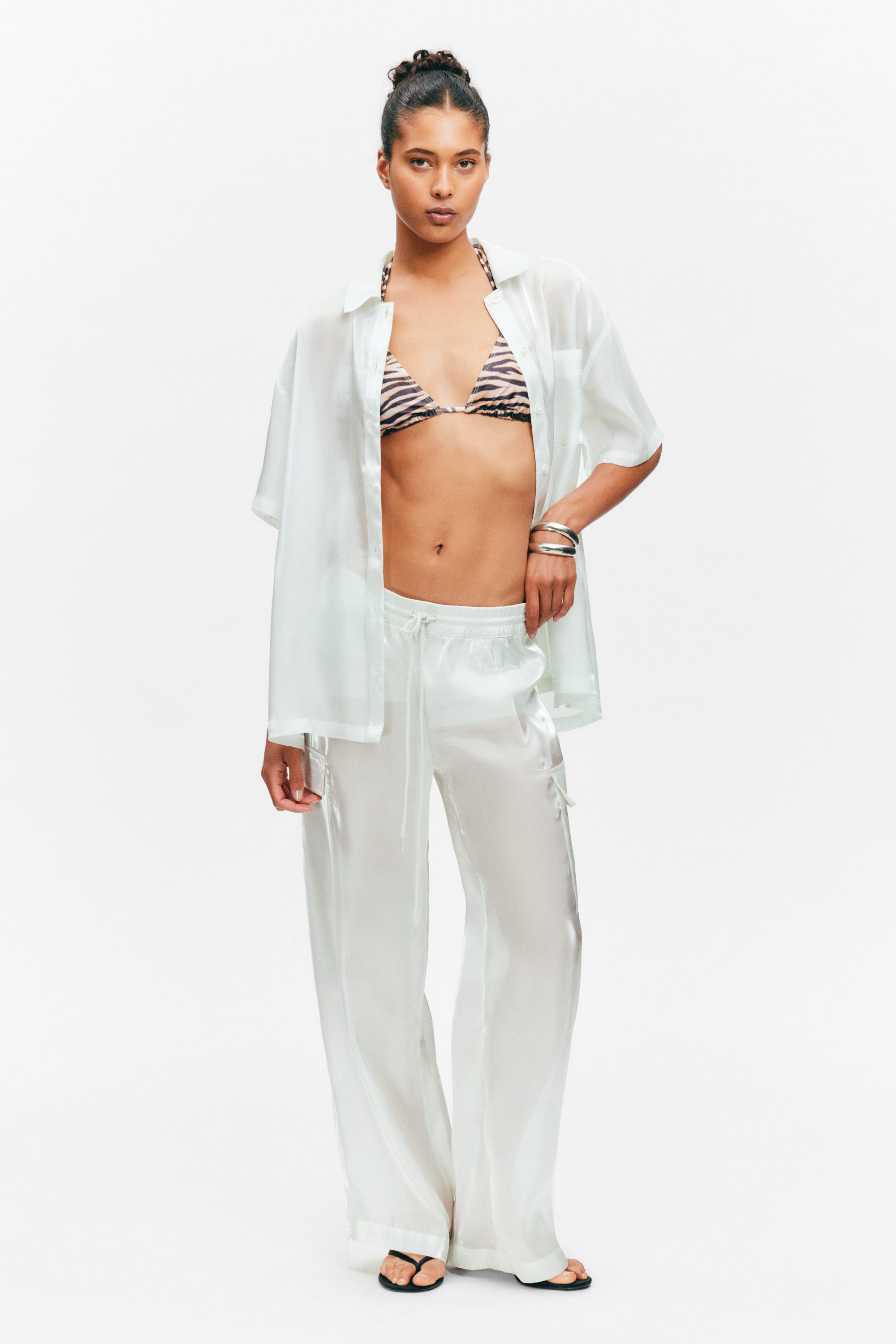 #D6DDD8 - Oversized ShortSleeved Organza Shirt - 1