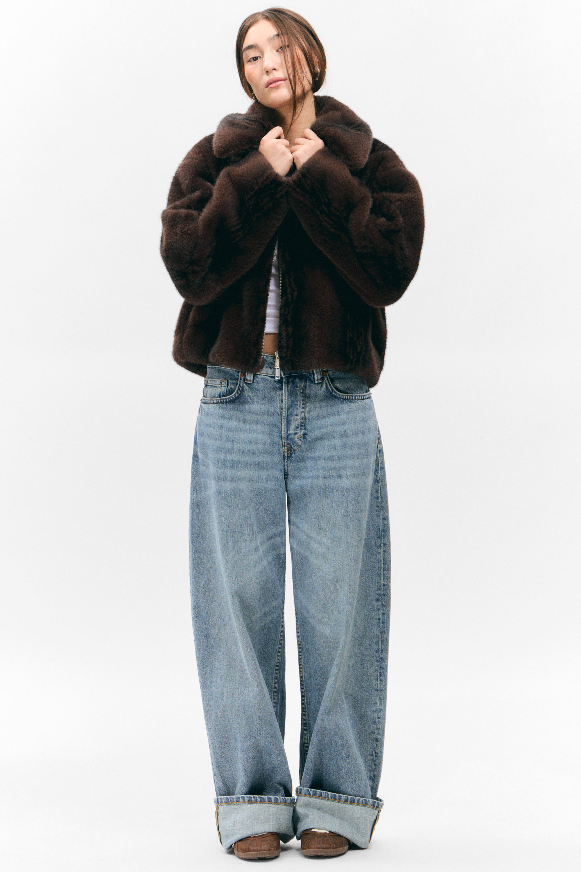 Dark Brown - Faux Fur Zip Jacket - 1