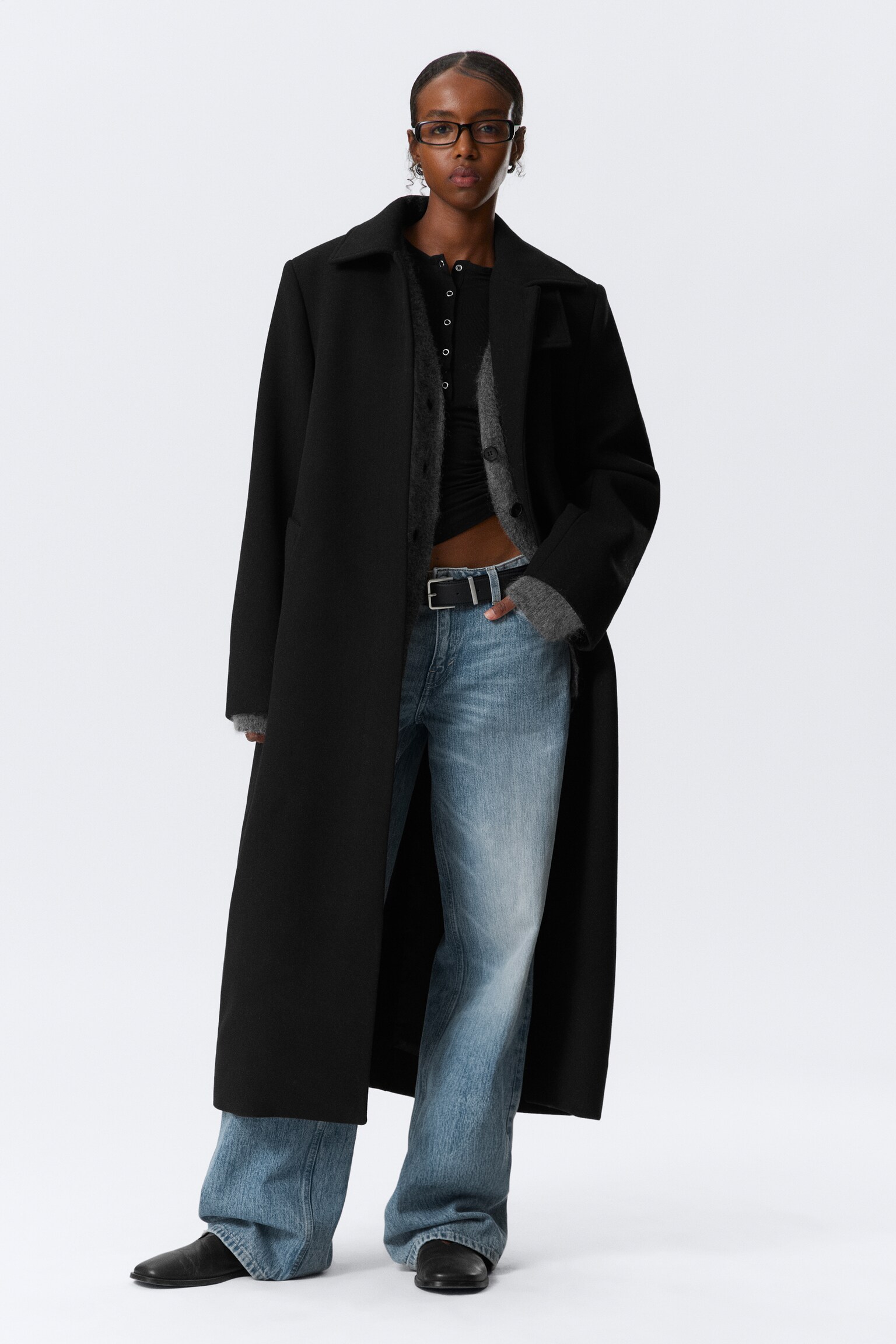 Long Oversized Wool-Blend Coat - Negro/Marrón oscuro