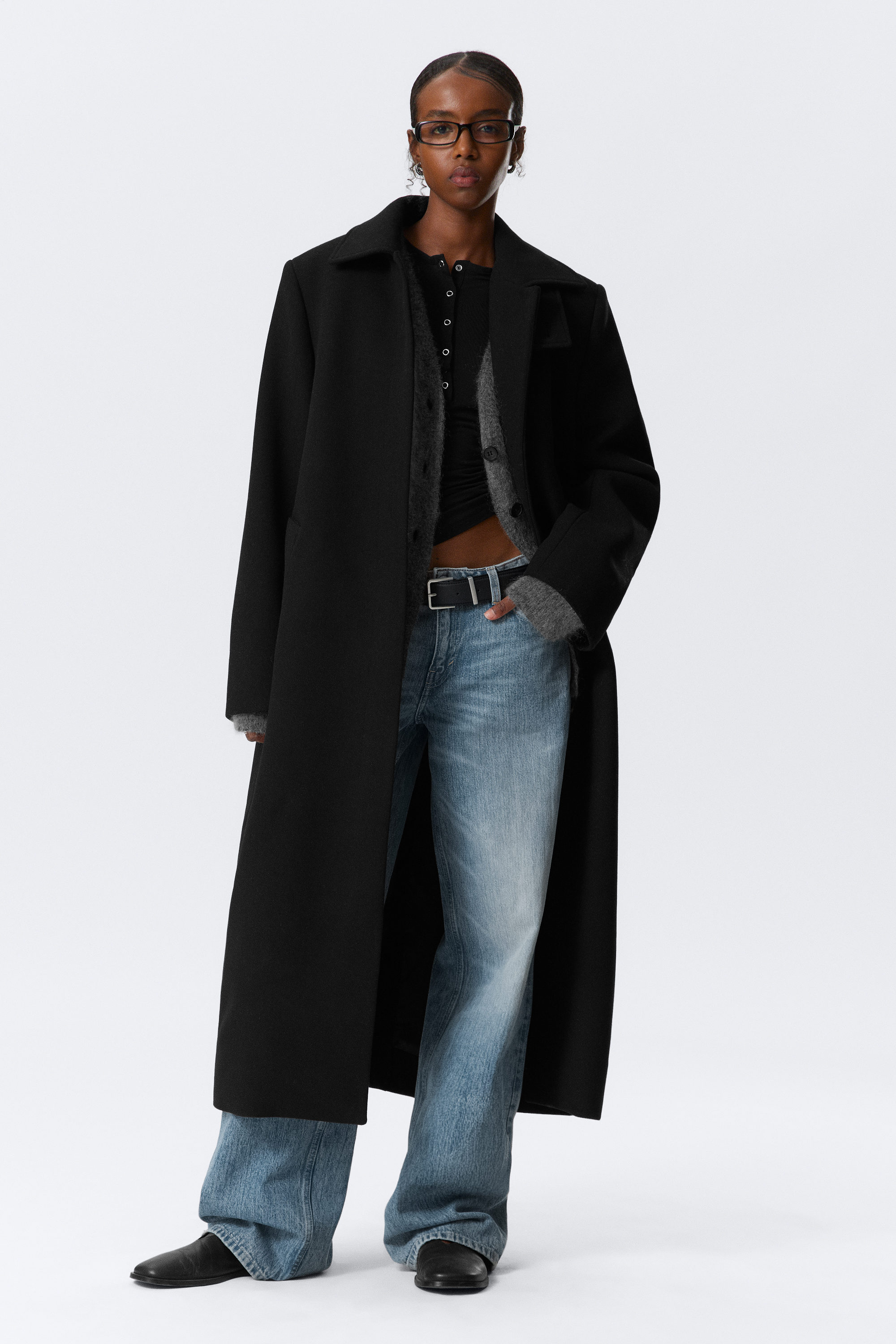 Black - Long Oversized Wool-Blend Coat - 1