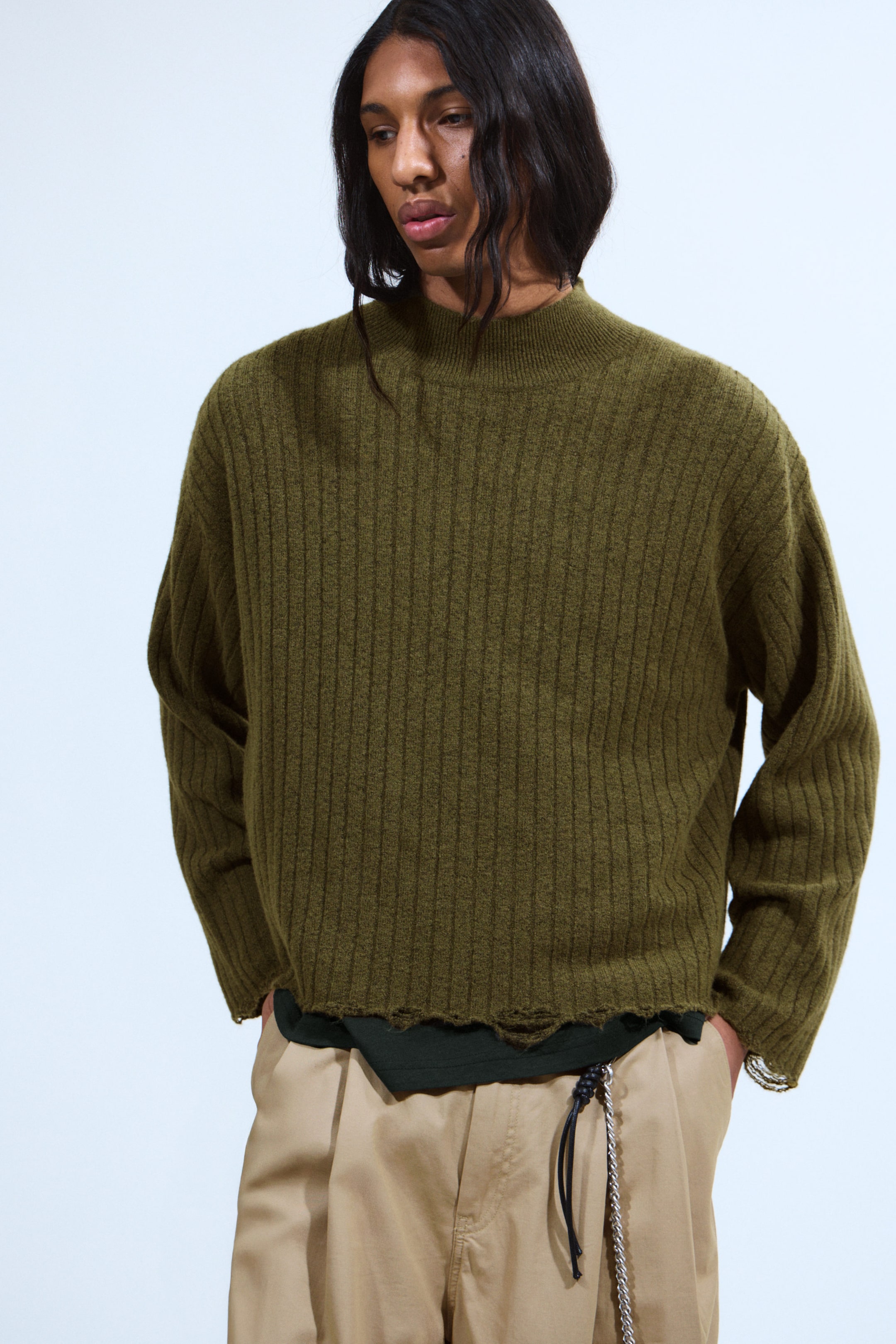 Dark Green - Distressed Ribbed Mock-Neck Sweater - 1