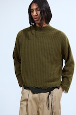 Vert foncé - Pull côtelé à col montant usé - 0