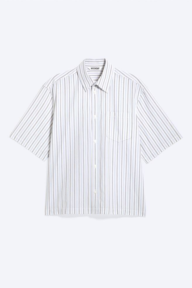 Boxy Short-Sleeved Cotton Shirt - Striped Light Dusty Beige - 1