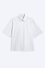 Striped Light Dusty Beige - Boxy Short-Sleeved Cotton Shirt - 0