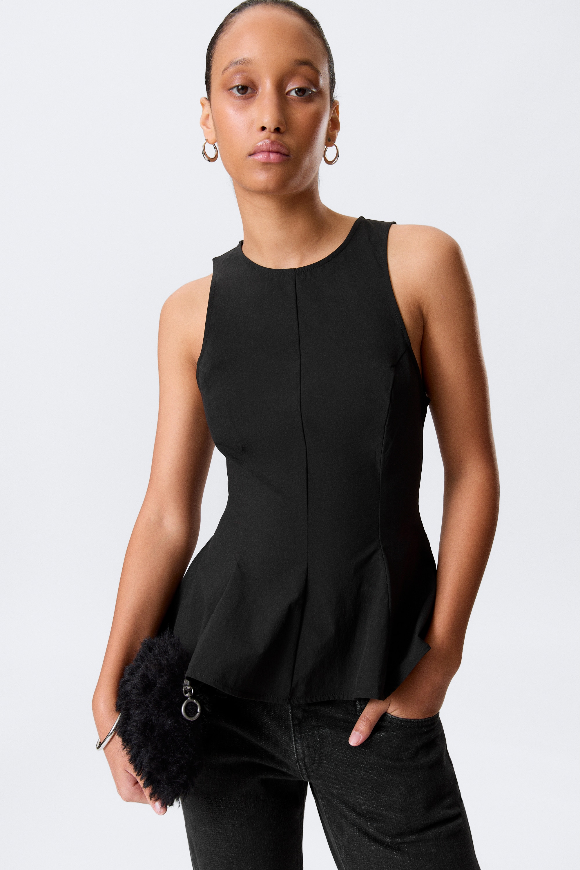 Karcsúsított nejlon peplum top - Fekete/Bézs