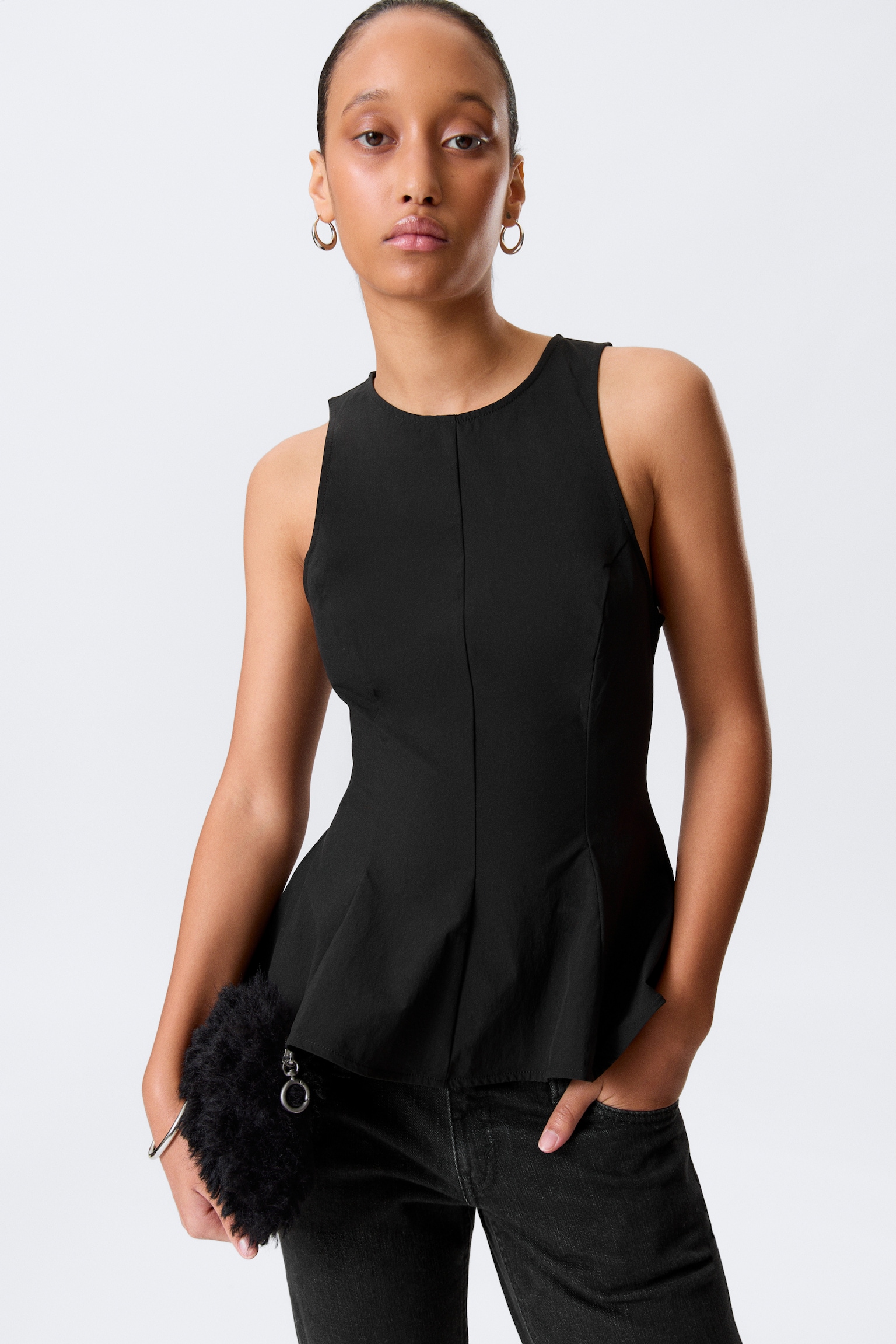 Eng anliegendes Peplum-Top aus Nylon - Schwarz/Beige - 1