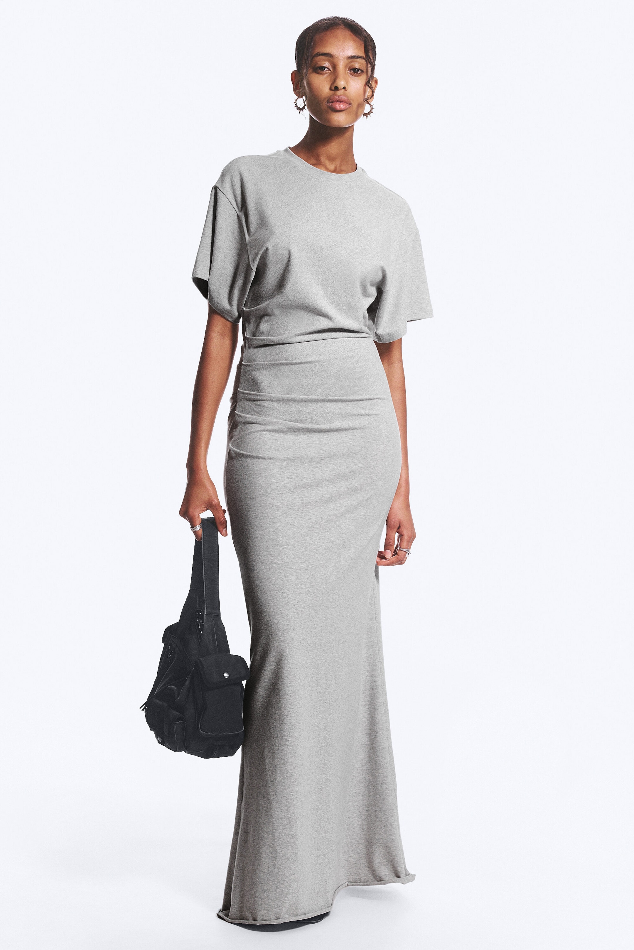 Light Dusty Grey Melange - Gathered Short-Sleeved Maxi Dress - 1