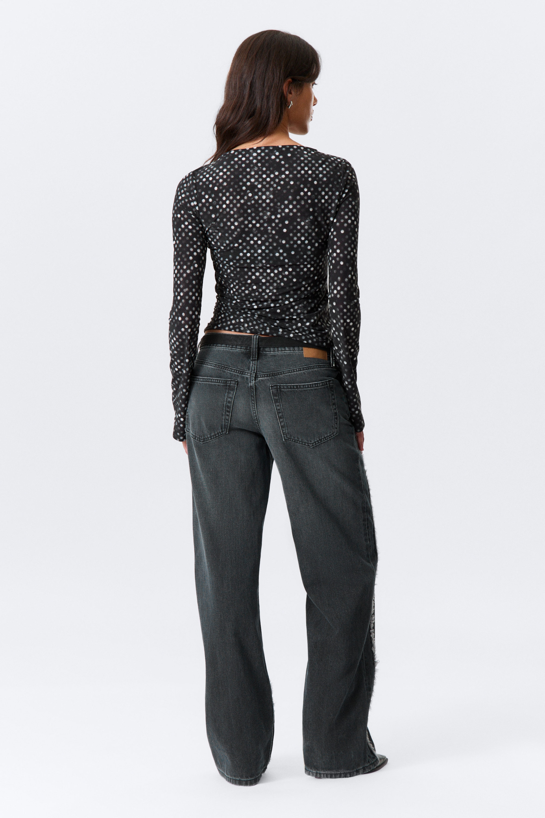 Black Polka Dots - Ruched Printed Mesh Top - 2